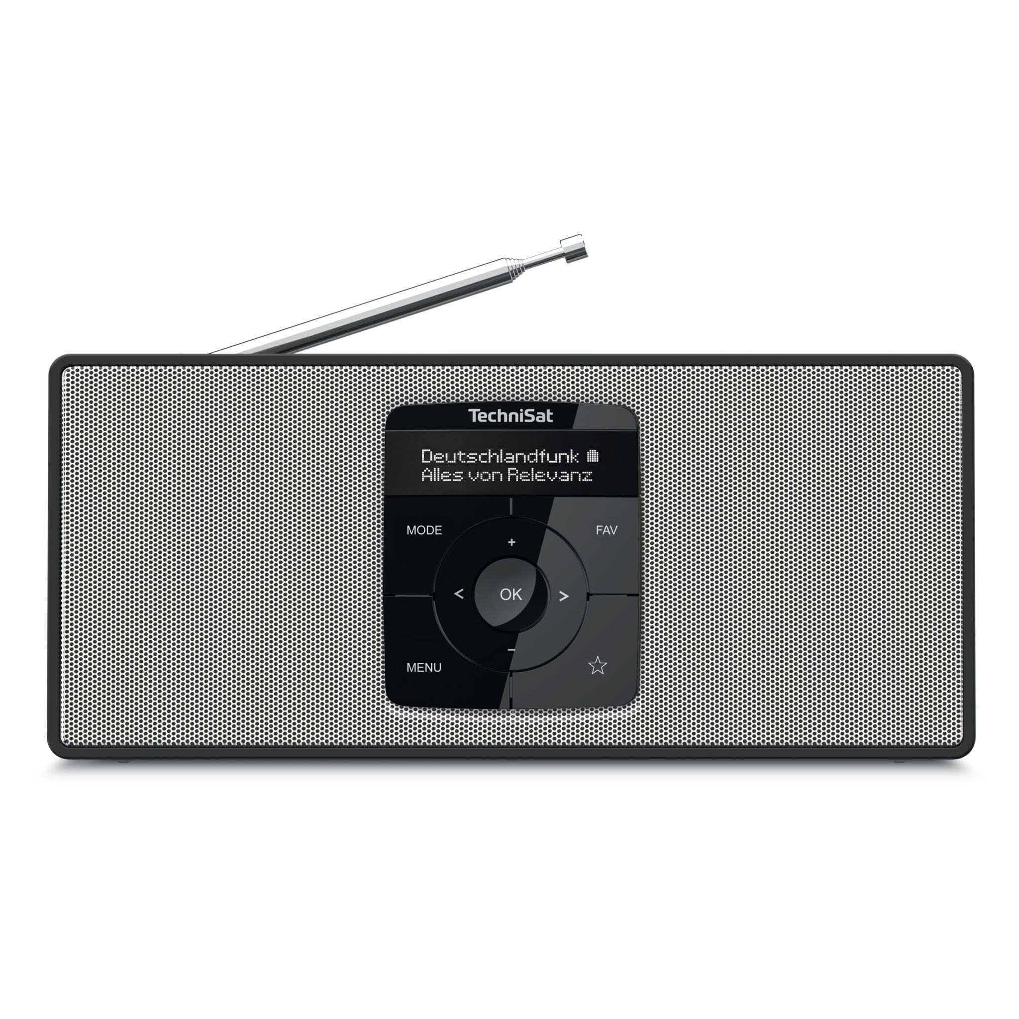 Czarno-srebrne radio TechniSat z wyświetlaczem pokazującym informacje o stacji radiowej i przyciskami sterowania.
