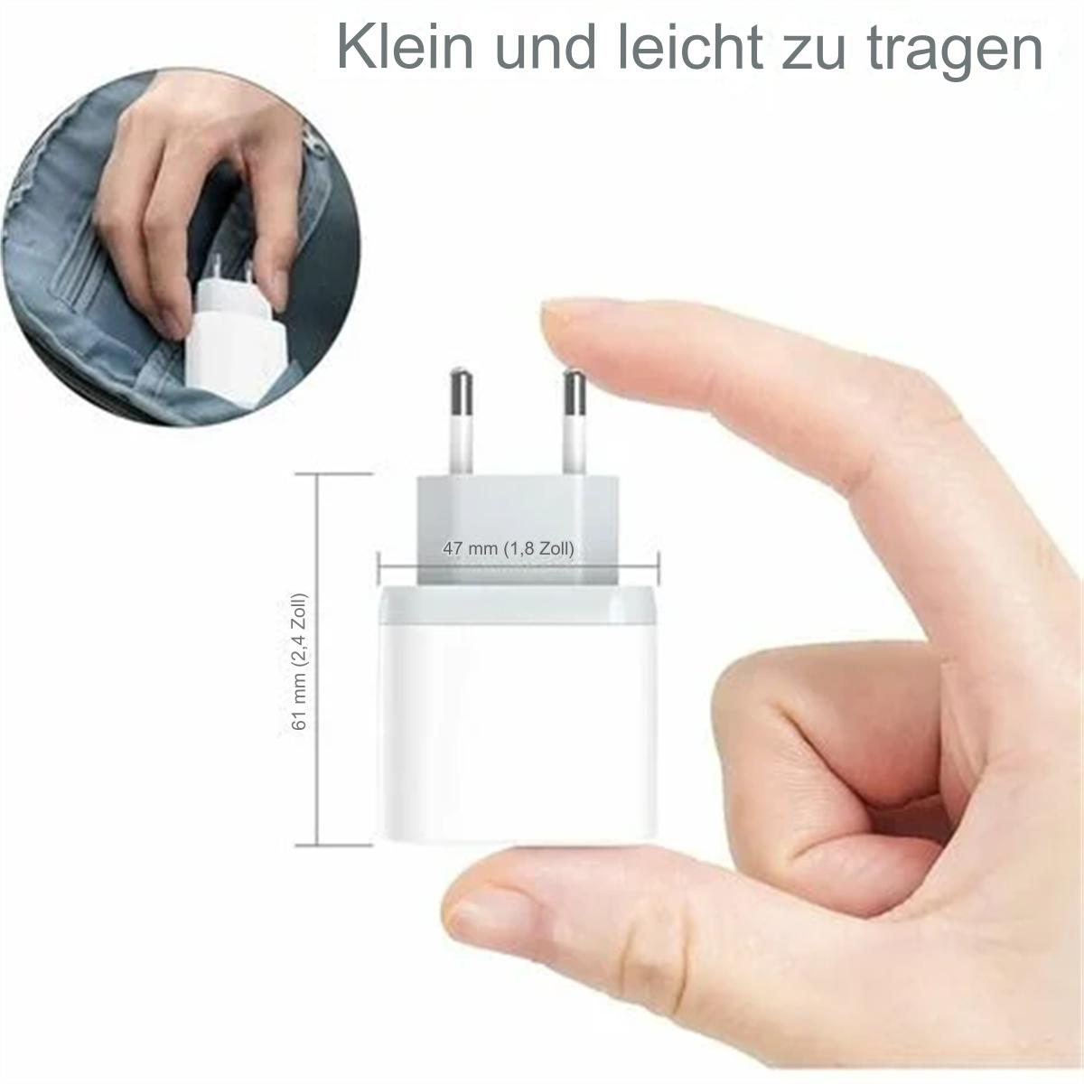 Eine Hand, die ein weißes Wandladegerät hält. Abmessungen sind mit Etiketten in Englisch und Millimetern angegeben.