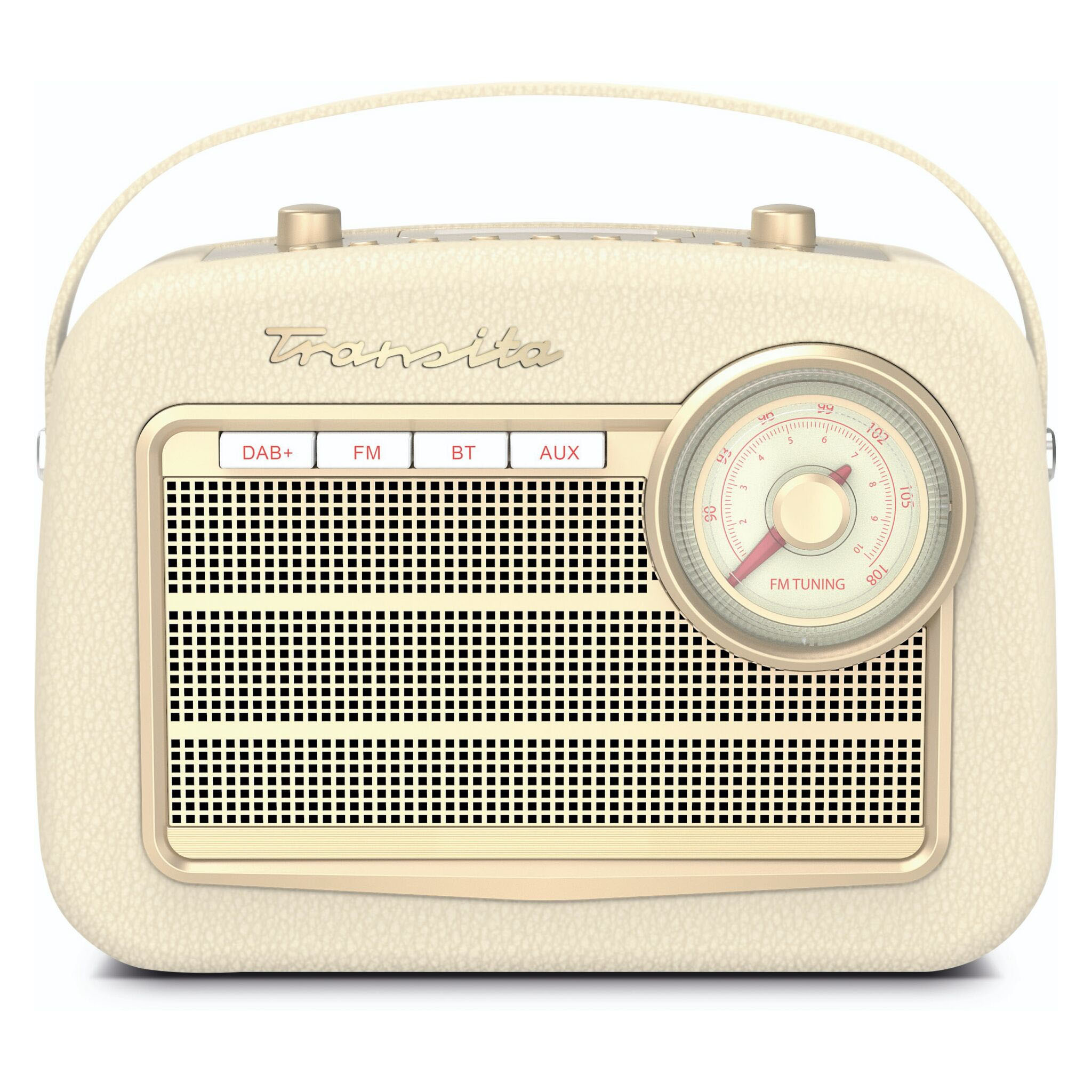 Kremowe radio retro z maskownicą głośnika, pokrętłem i przyciskami. Uchwyt znajduje się na górze.