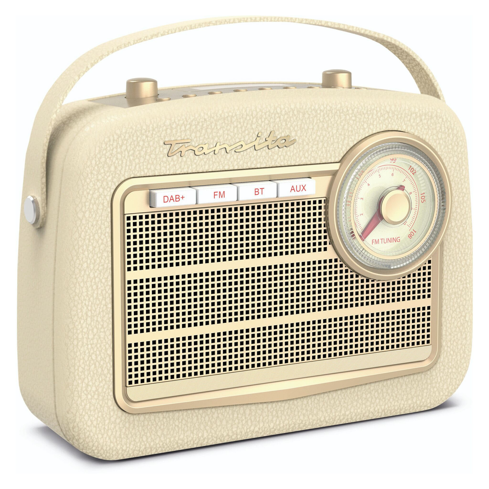 Kremowe radio retro z uchwytem, pokrętłem i przyciskami.