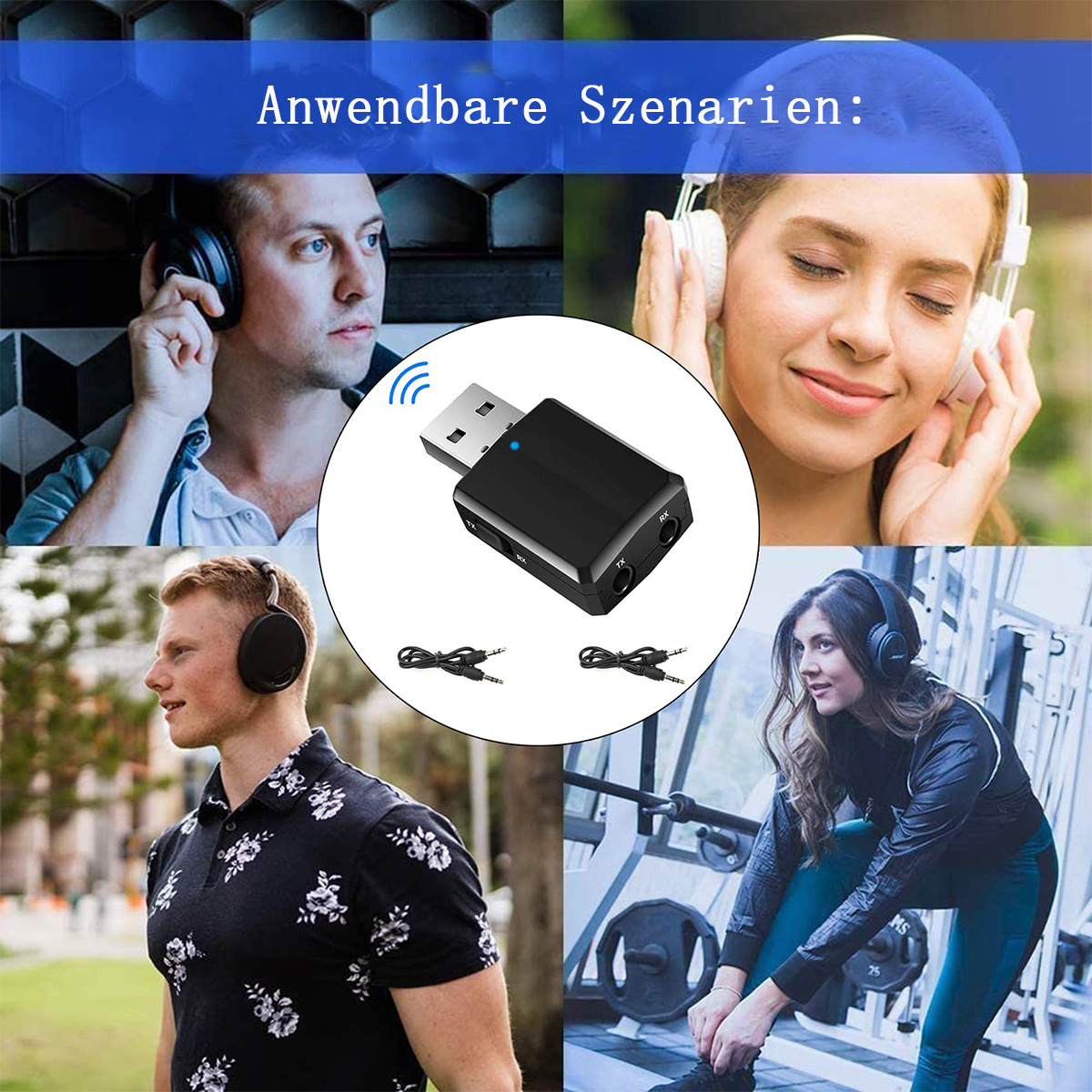 Ein schwarzer USB-Bluetooth-Adapter mit Nutzern, die in verschiedenen Umgebungen Kopfhörer tragen.