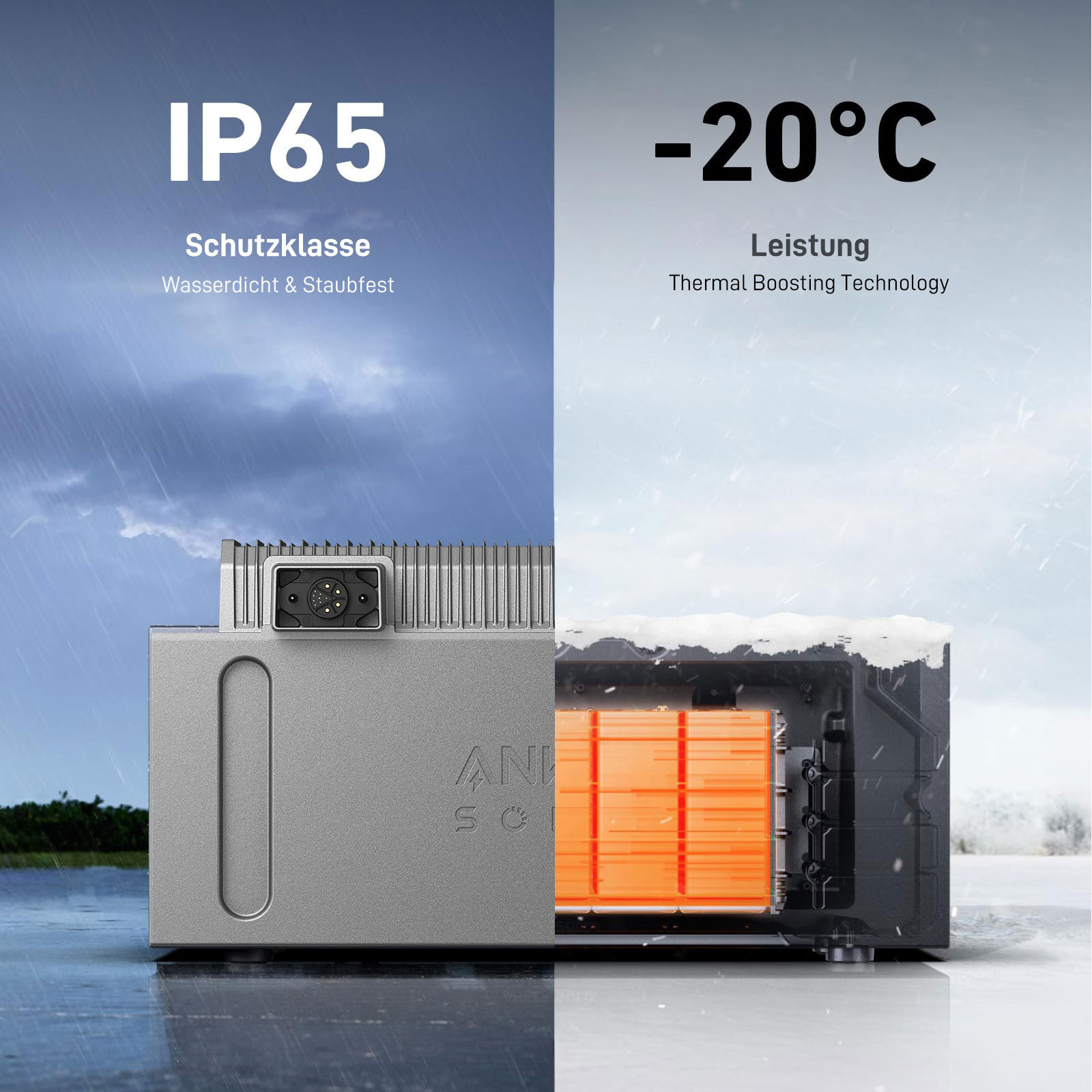 Silbernes Gerät mit schwarzem Abschnitt und Text zu IP65 und kaltem Wetter.
