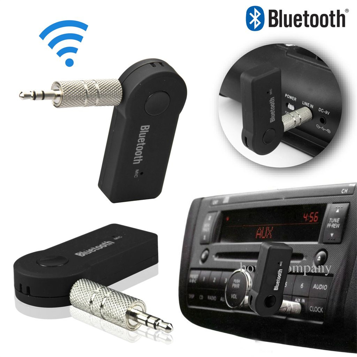 Ein Bluetooth-Gerät mit Klinke und verschiedenen Ansichten. Es ist schwarz mit Bluetooth-Logo.