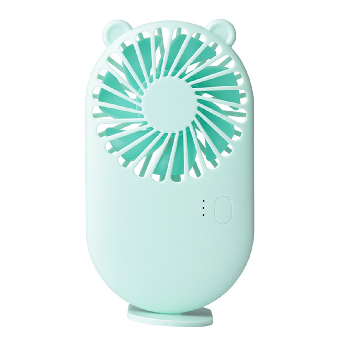 Ein mintgrüner Handventilator mit rundem Design und Bärenohren oben. Hat drei Punkte.