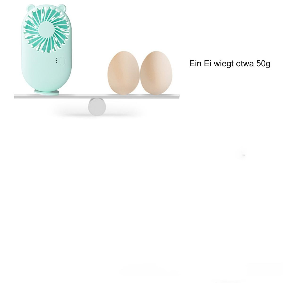 Kleiner mintgrüner Ventilator im Gleichgewicht mit zwei Eiern auf einer Waage. Text: Ein Ei wiegt ca. 50g.