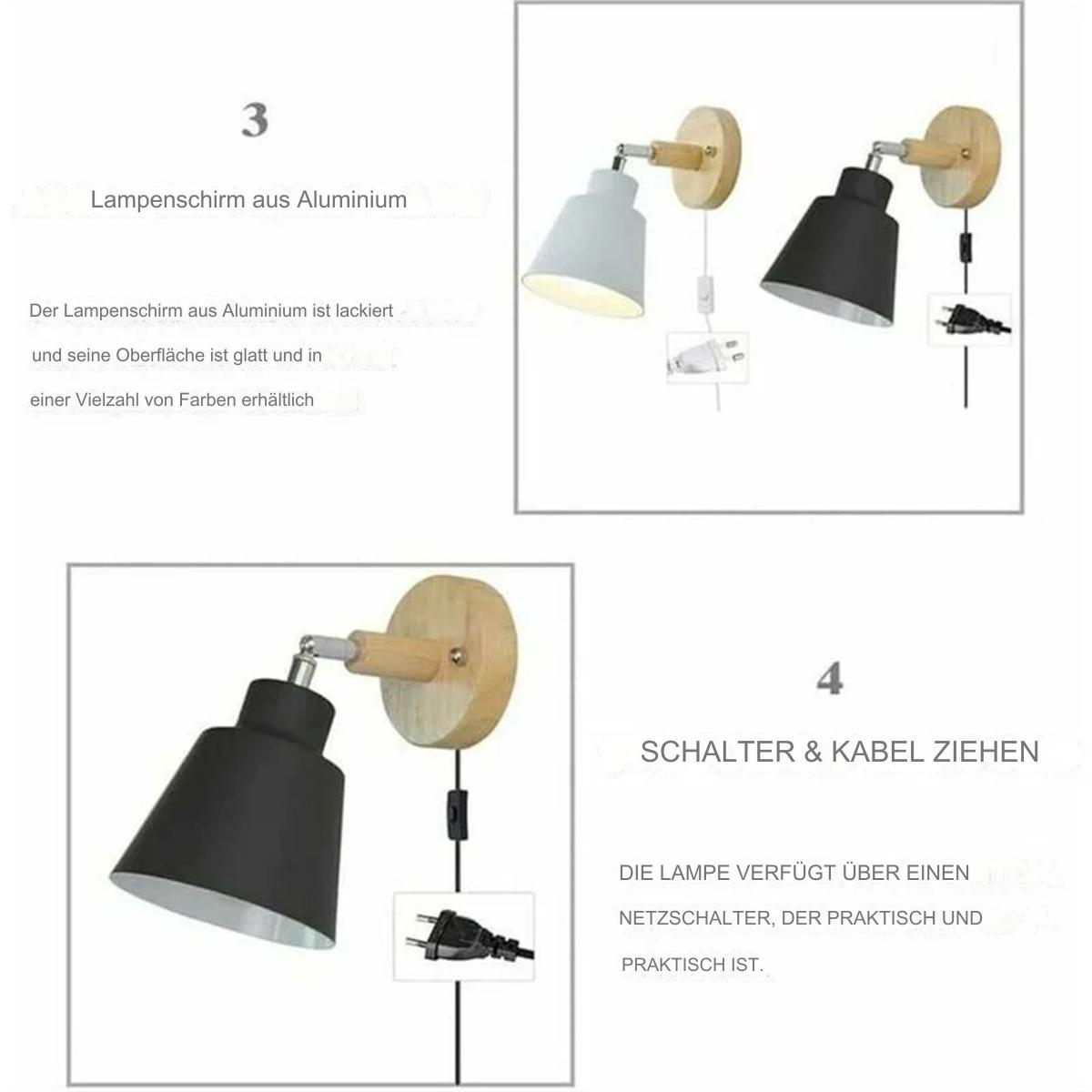 Wandleuchten: Weiße und schwarze Lampen mit Holzsockeln und Netzkabel. Modernes Design.
