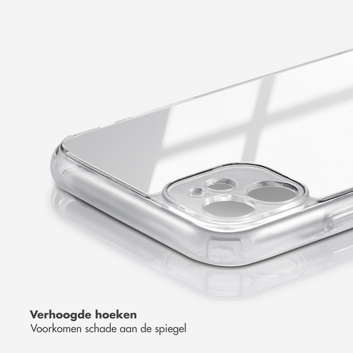 Coque de téléphone transparente, gros plan, avec texte en néerlandais : Verhoogde hoeken.