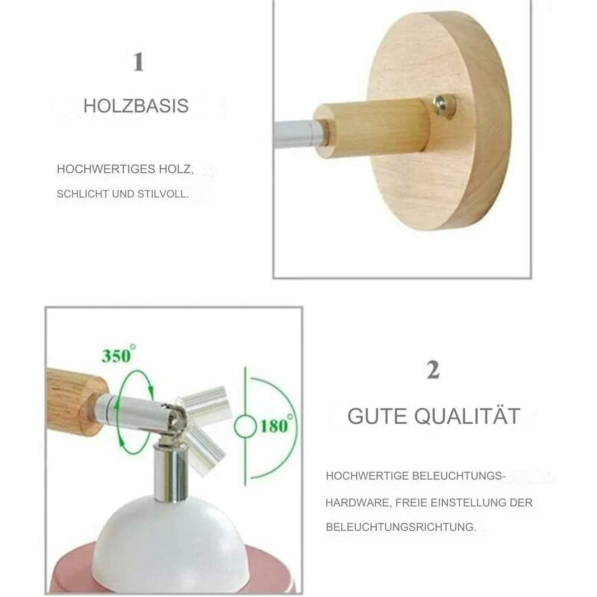 Diagramm einer Wandleuchte, einschließlich Holzsockel und verstellbarem Kopf.