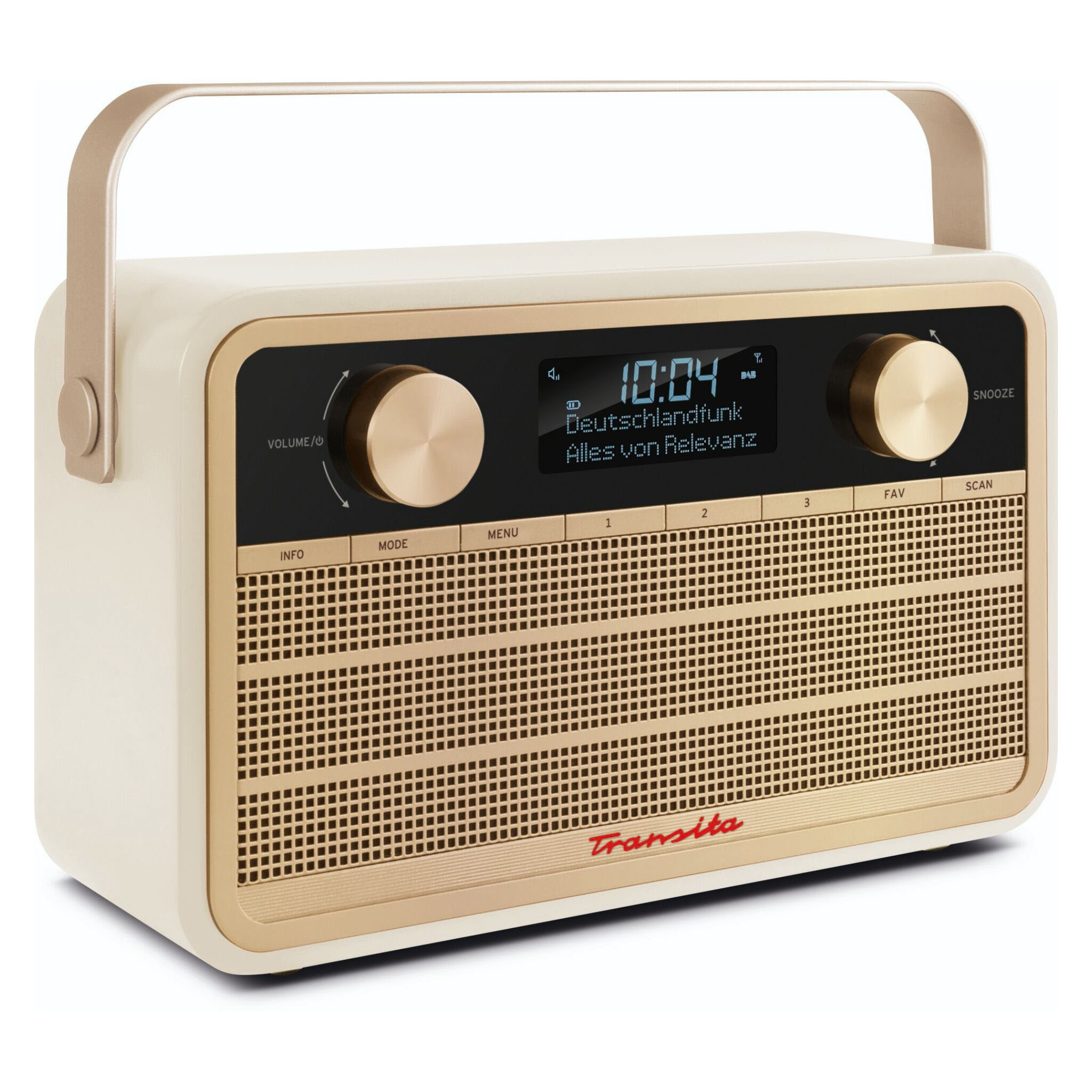 Kremowe radio ze złotymi akcentami, uchwytem. Wyświetla godzinę, stację. Posiada przyciski głośności, trybu i skanowania.