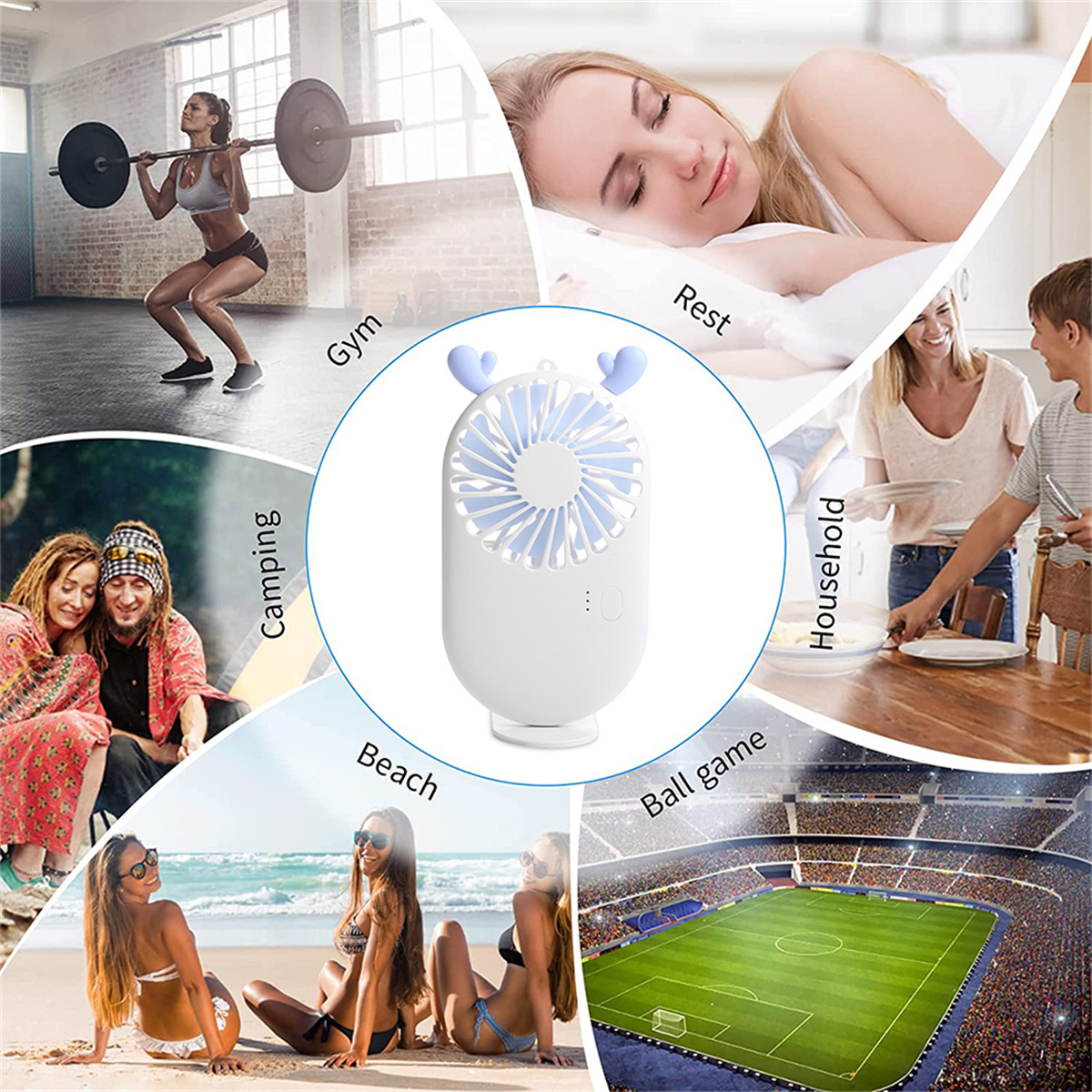 Ein weißer tragbarer Ventilator wird in verschiedenen Szenarien gezeigt: Fitnessstudio, Ruhe, Camping, Strand, Ballspiel.