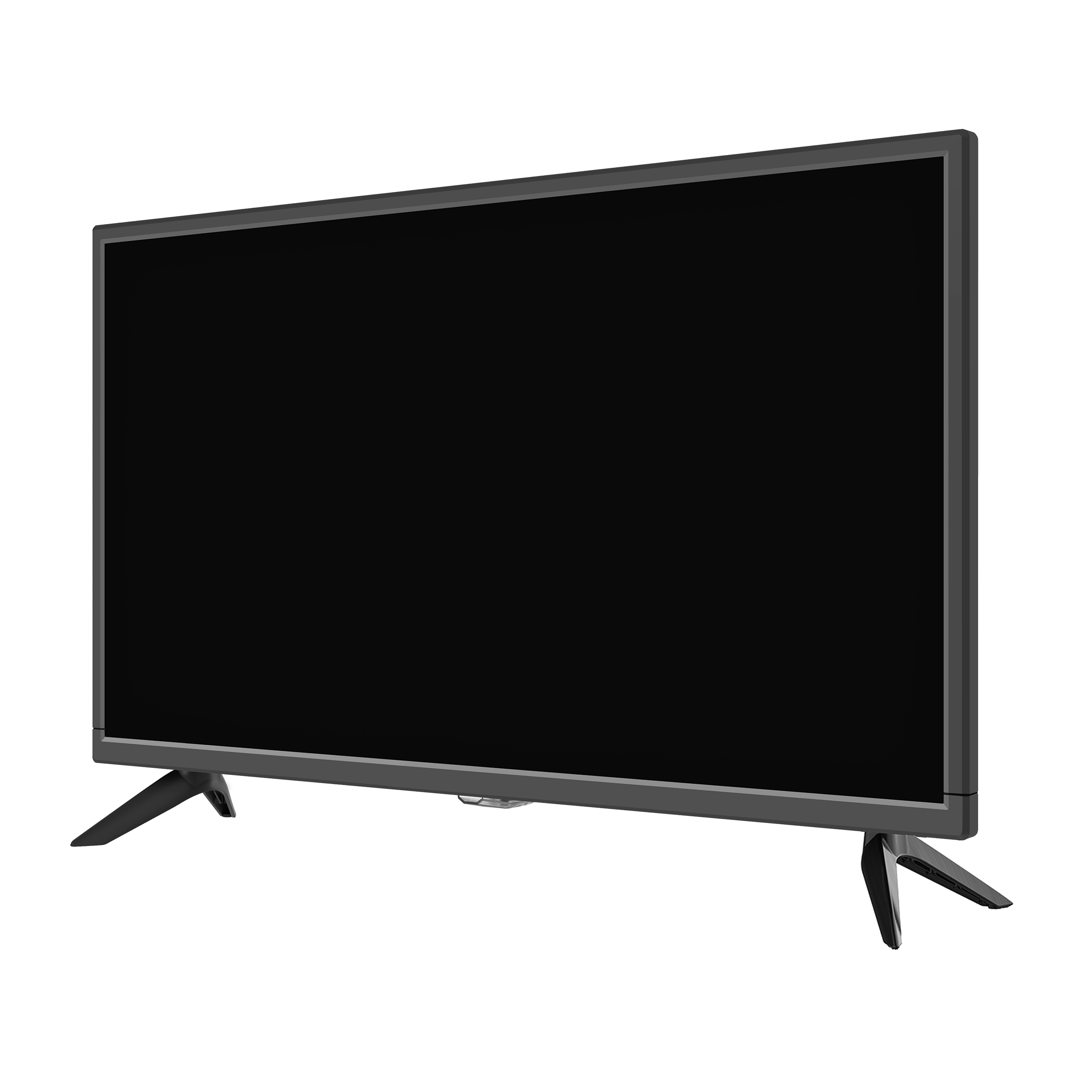 Telewizor z płaskim ekranem z czarnym ekranem. Stoi na dwóch nogach i ma ciemną ramę.