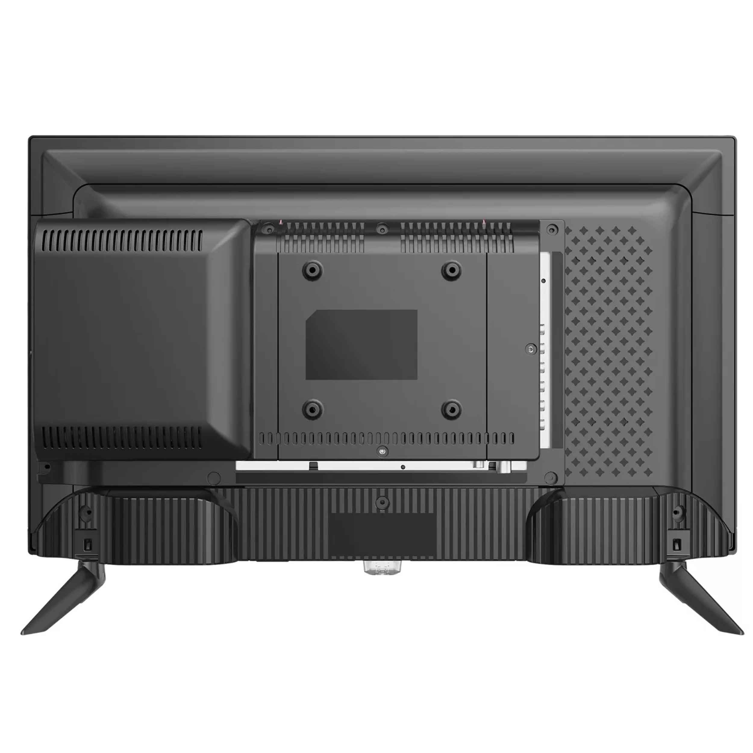 Czarny panel tylny telewizora z portami i otworami wentylacyjnymi, z nóżkami.