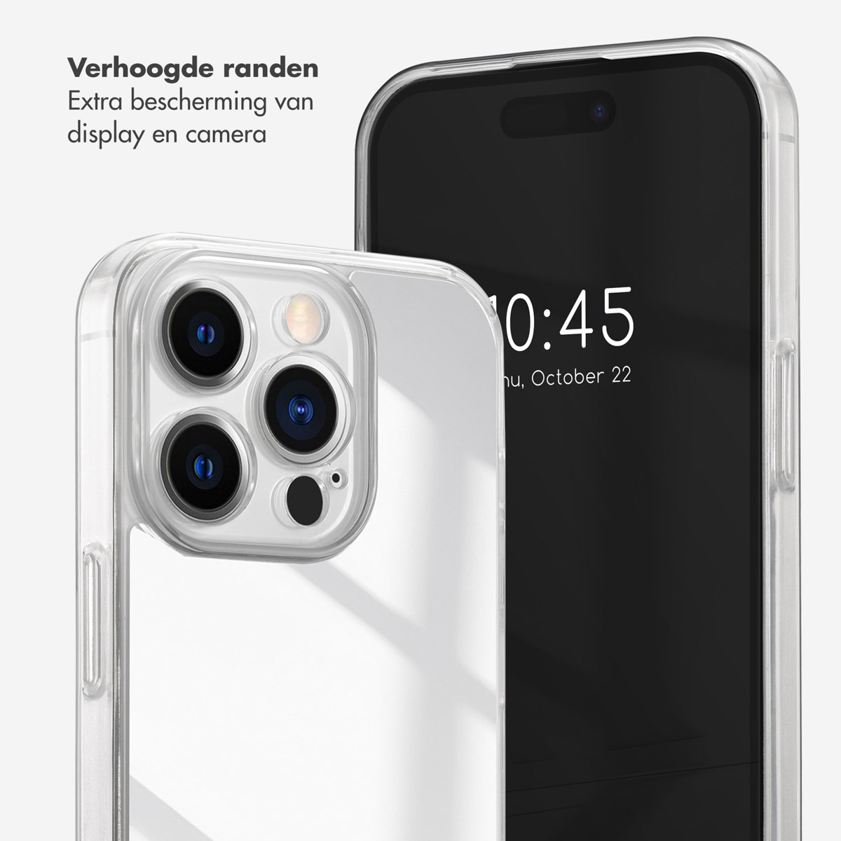 Transparante telefoonhoes met een telefoon erin. De telefoon toont de tijd 10:45 en donderdag 22 oktober.