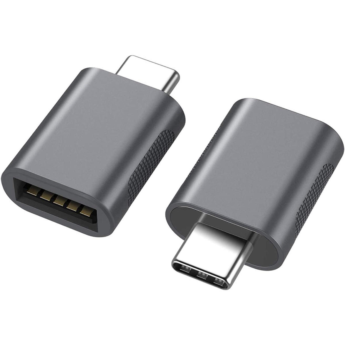 Zwei graue USB-C-zu-USB-Adapter, nebeneinander, vor weißem Hintergrund.