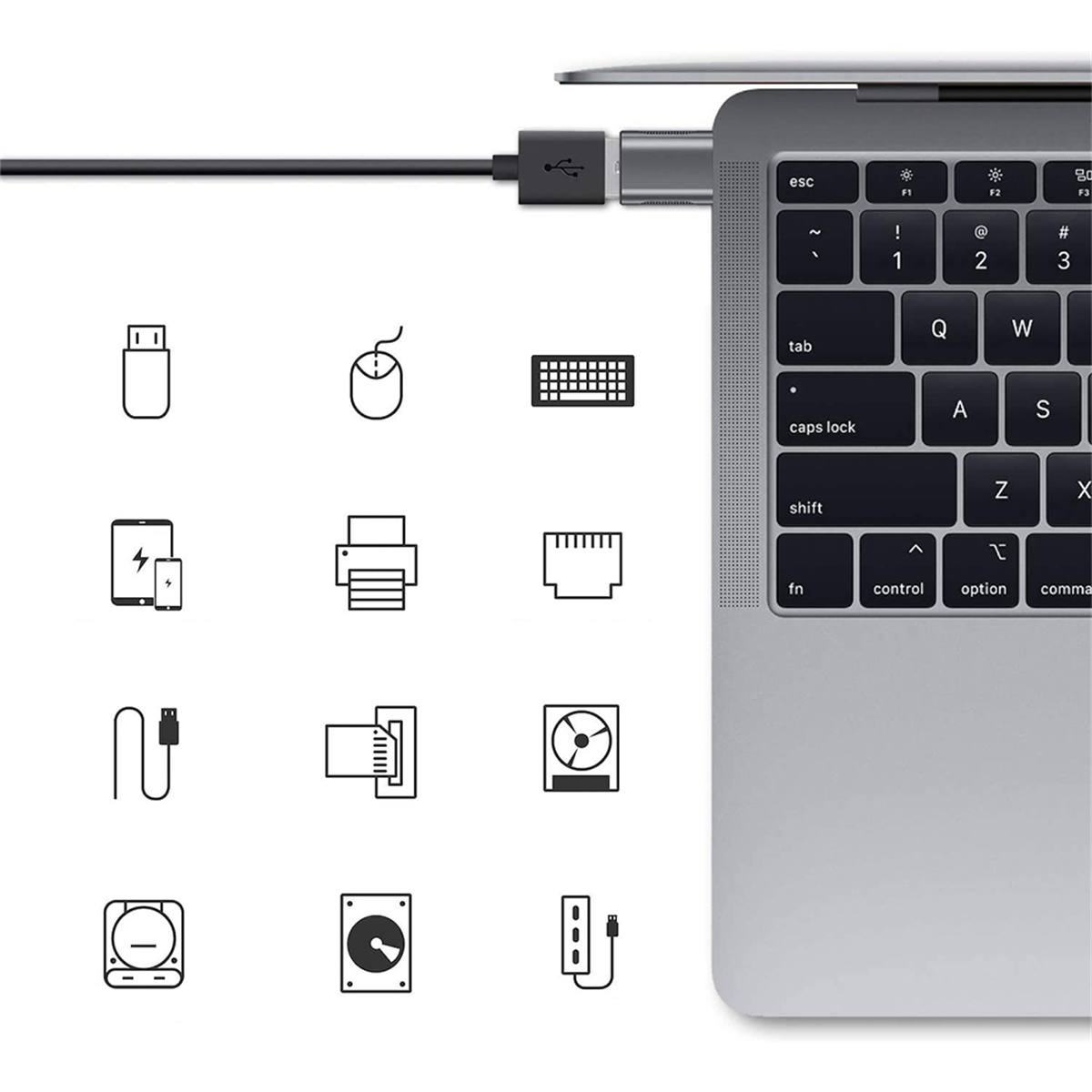 Ein Laptop mit verschiedenen verbundenen Symbolen, USB, Maus, Tastatur, Drucker usw. auf weißem Hintergrund.