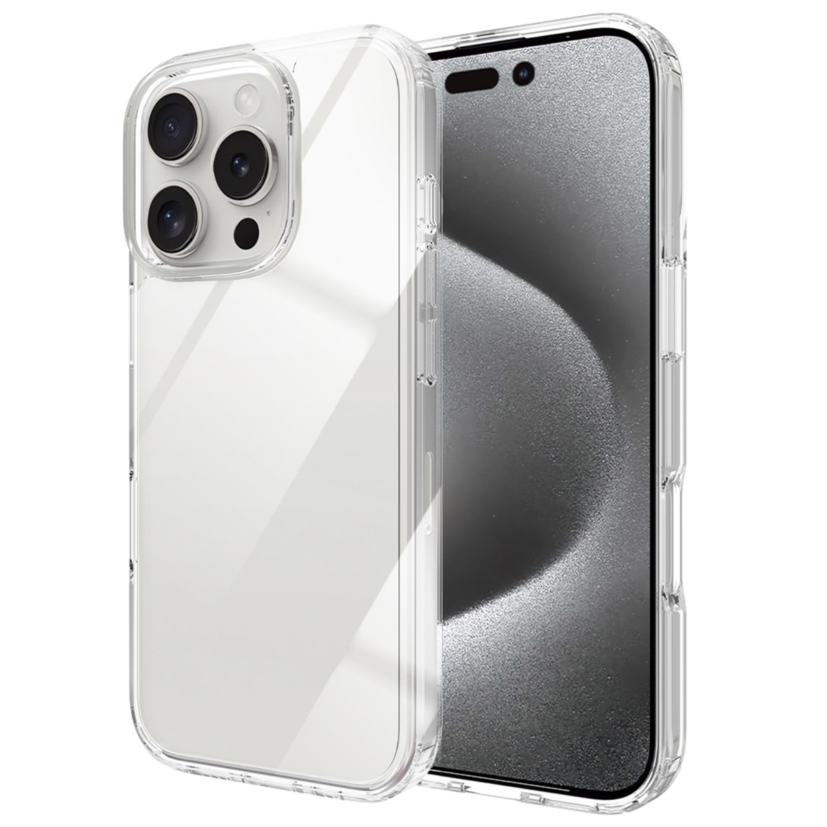 Un étui de téléphone transparent sur fond blanc, montrant l'arrière et la caméra du téléphone.