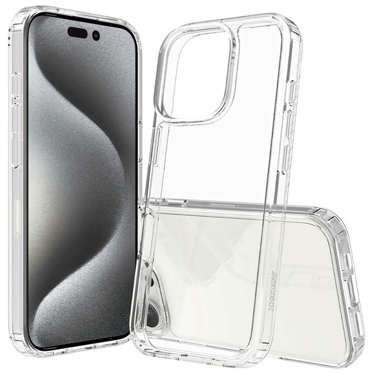 Coque de téléphone transparente à côté d'un téléphone, fond blanc.