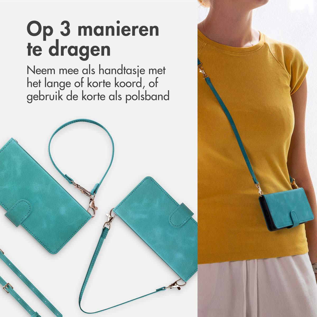 Étui de téléphone bleu sarcelle avec des bretelles, peut être porté comme un sac à main ou un bracelet, contre une femme en jaune.