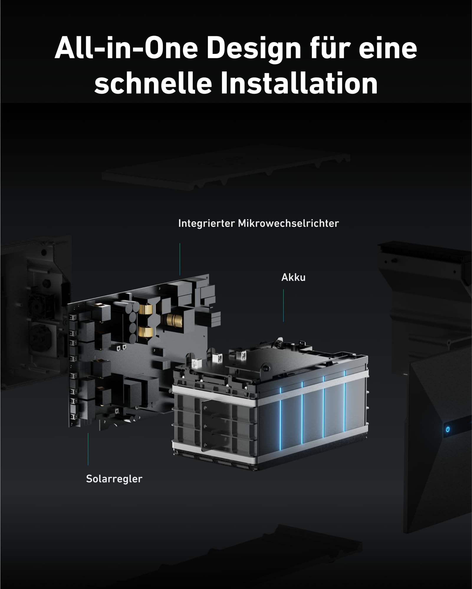 Eine Explosionsansicht der internen Komponenten eines Geräts, die Batterie und Solarregler zeigt.