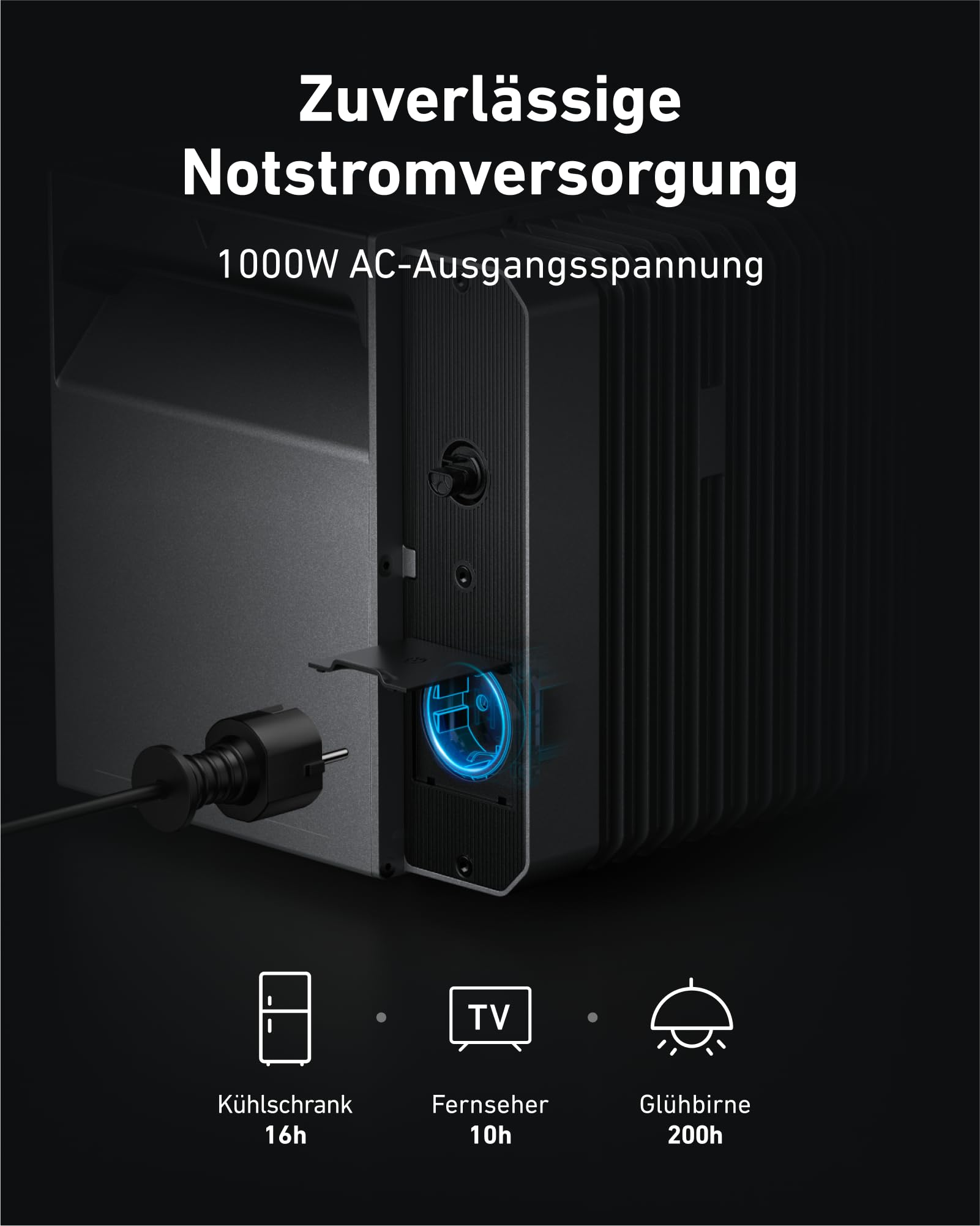 Schwarzes Gerät mit Steckdose und Display, Text: Zuverlässige Notstromversorgung, 1000W AC-Spannung.
