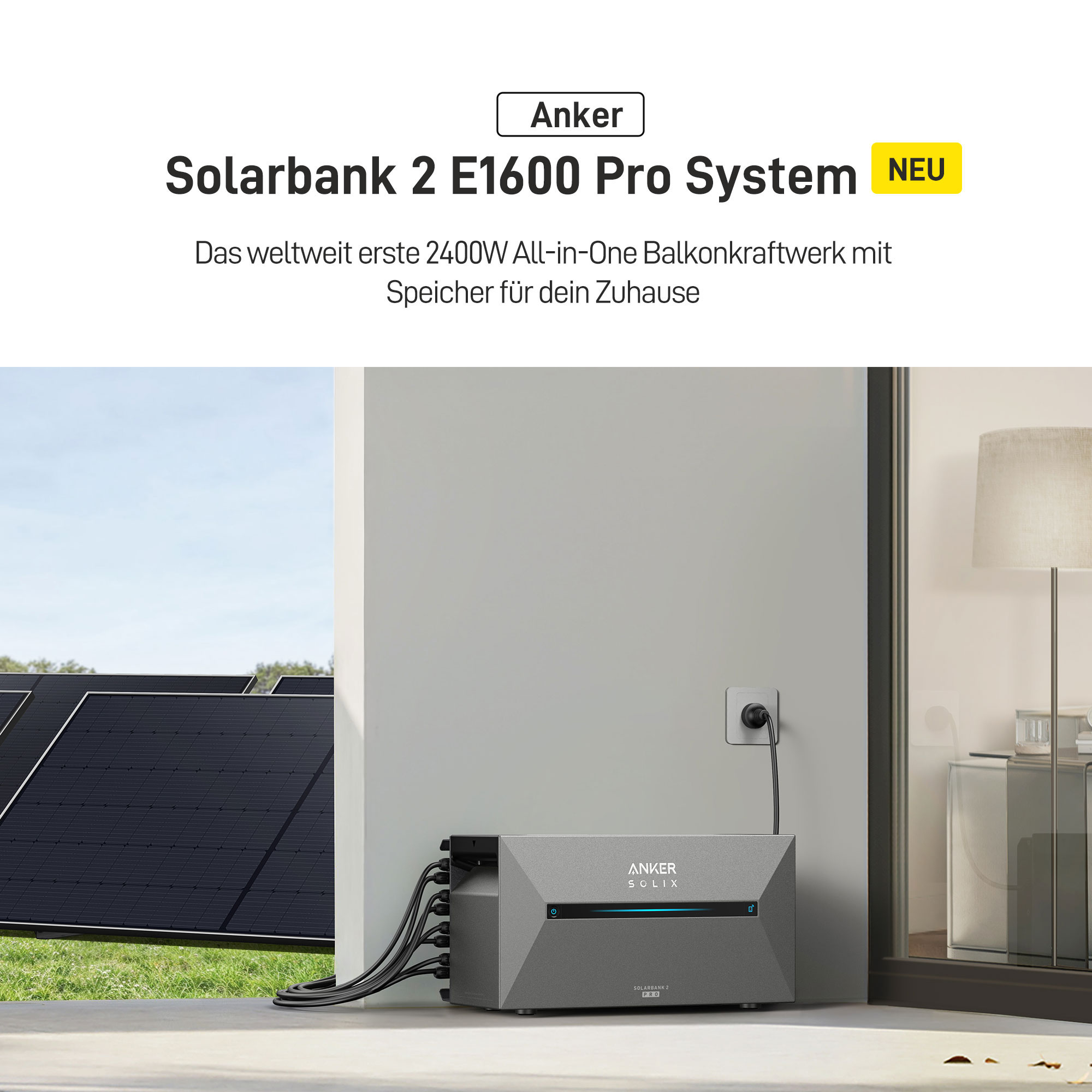Anker Solarbank 2 E1600 Pro System. Sonnenkollektoren links, Stromversorgung rechts.