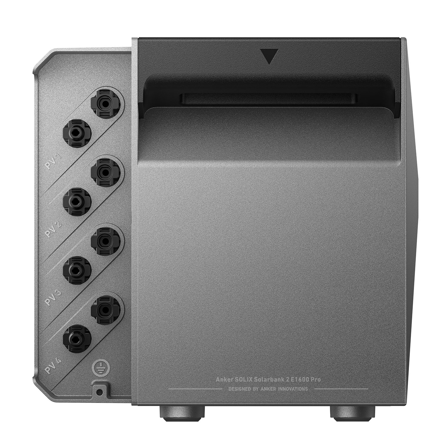 Ein graues Anker Solix Solarbank 2 E1600 Pro. Es hat mehrere schwarze Anschlüsse und einen schwarzen oberen Griff.