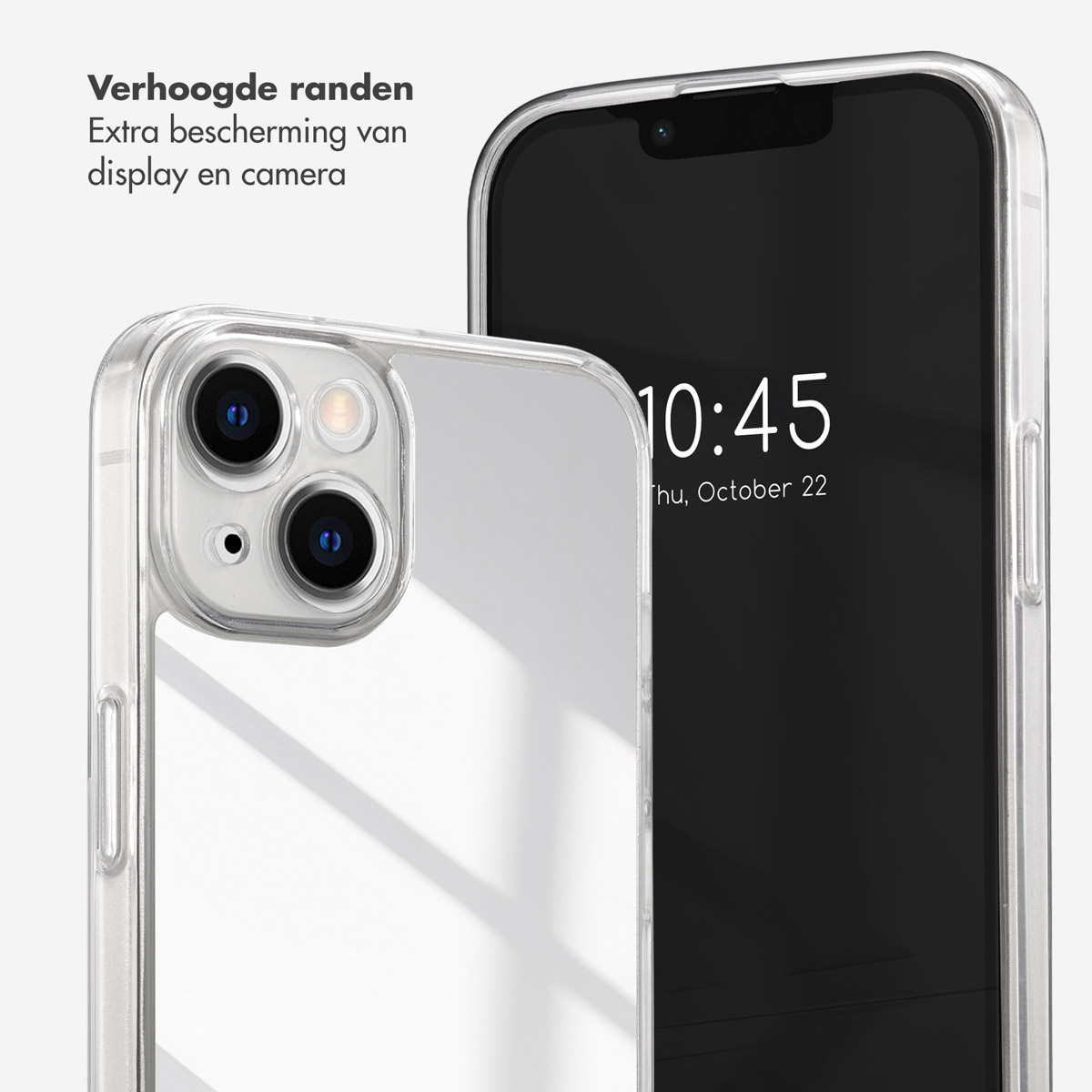 Transparente Handyhülle mit einem Telefon darin. Das Telefon zeigt die Uhrzeit 10:45 und Donnerstag, 22. Oktober.