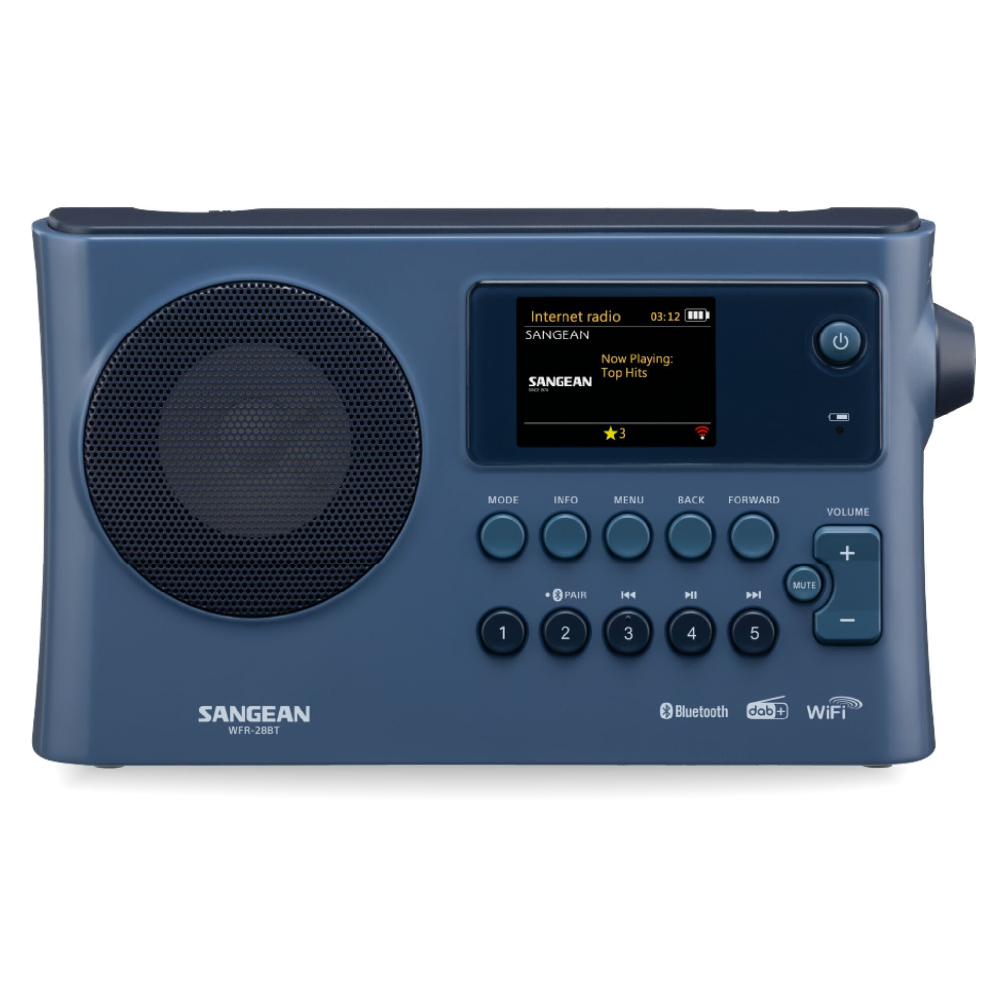 Niebieskie radio internetowe Sangean z przyciskami, ekranem i głośnikiem, biała powierzchnia.