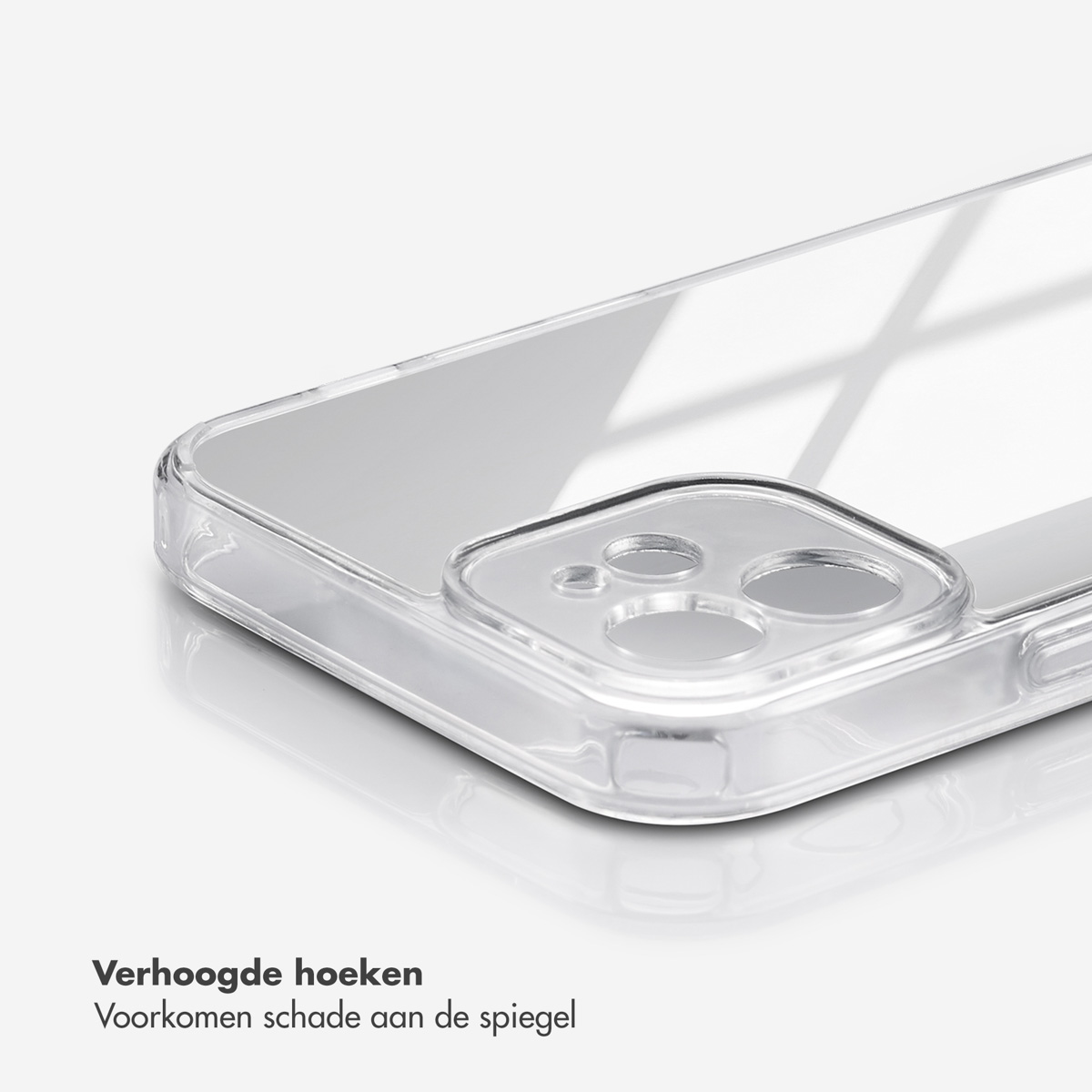 Close-up van een doorzichtige telefoonhoes. De hoeken zijn verhoogd om de spiegel te beschermen.