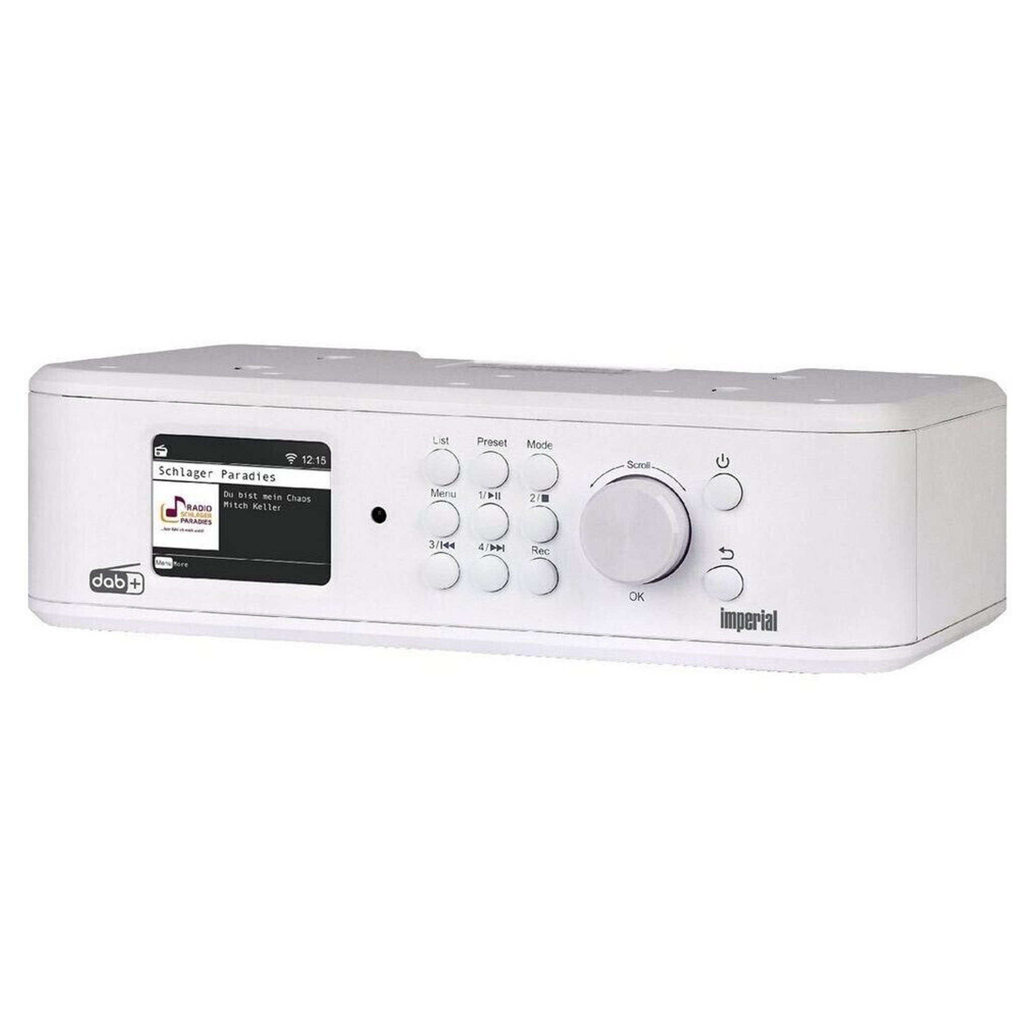 Białe radio cyfrowe z wyświetlaczem pokazującym informacje radiowe i przyciski sterowania.