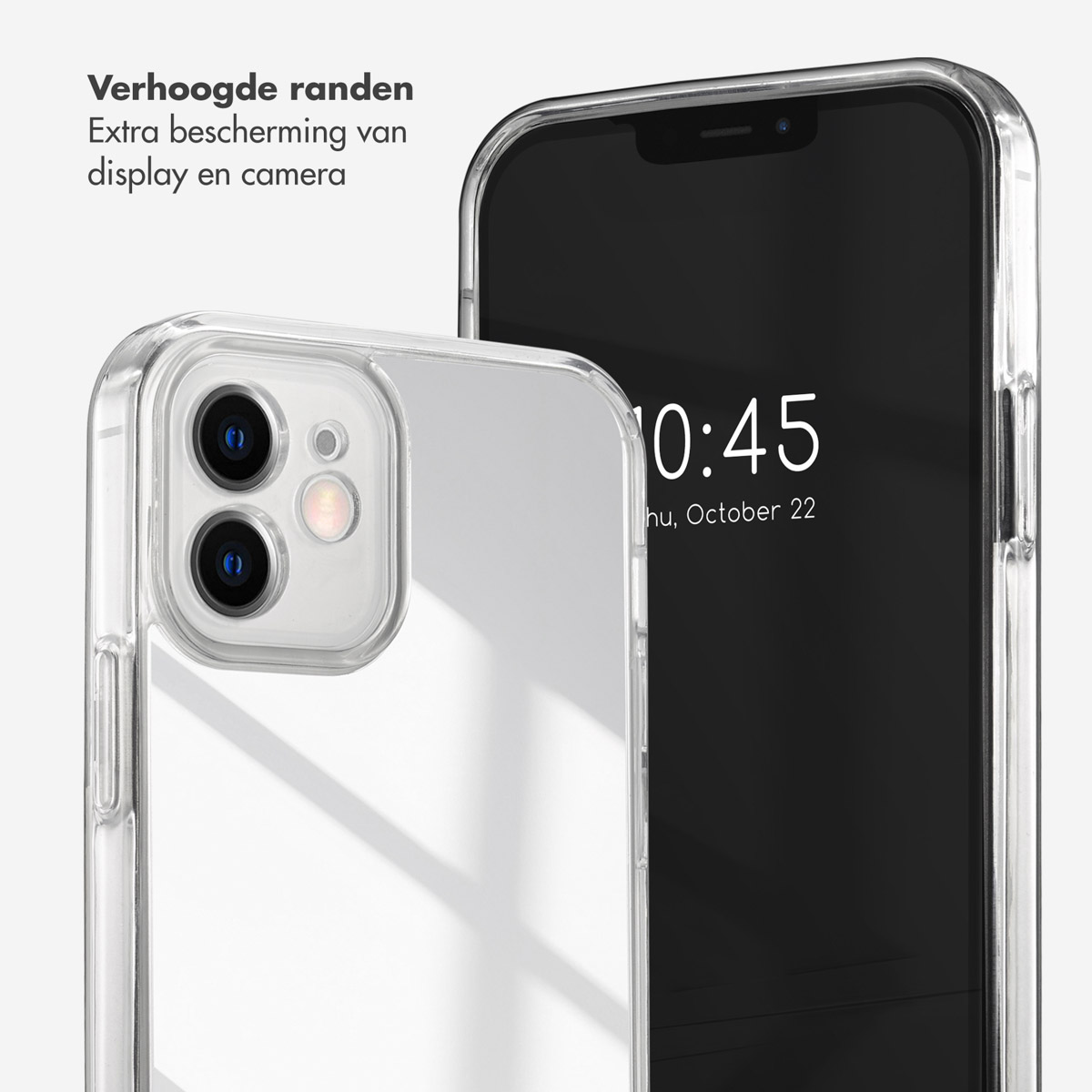 Transparante telefoonhoes met een telefoon erin. De telefoon toont de tijd 10:45 en donderdag 22 oktober.