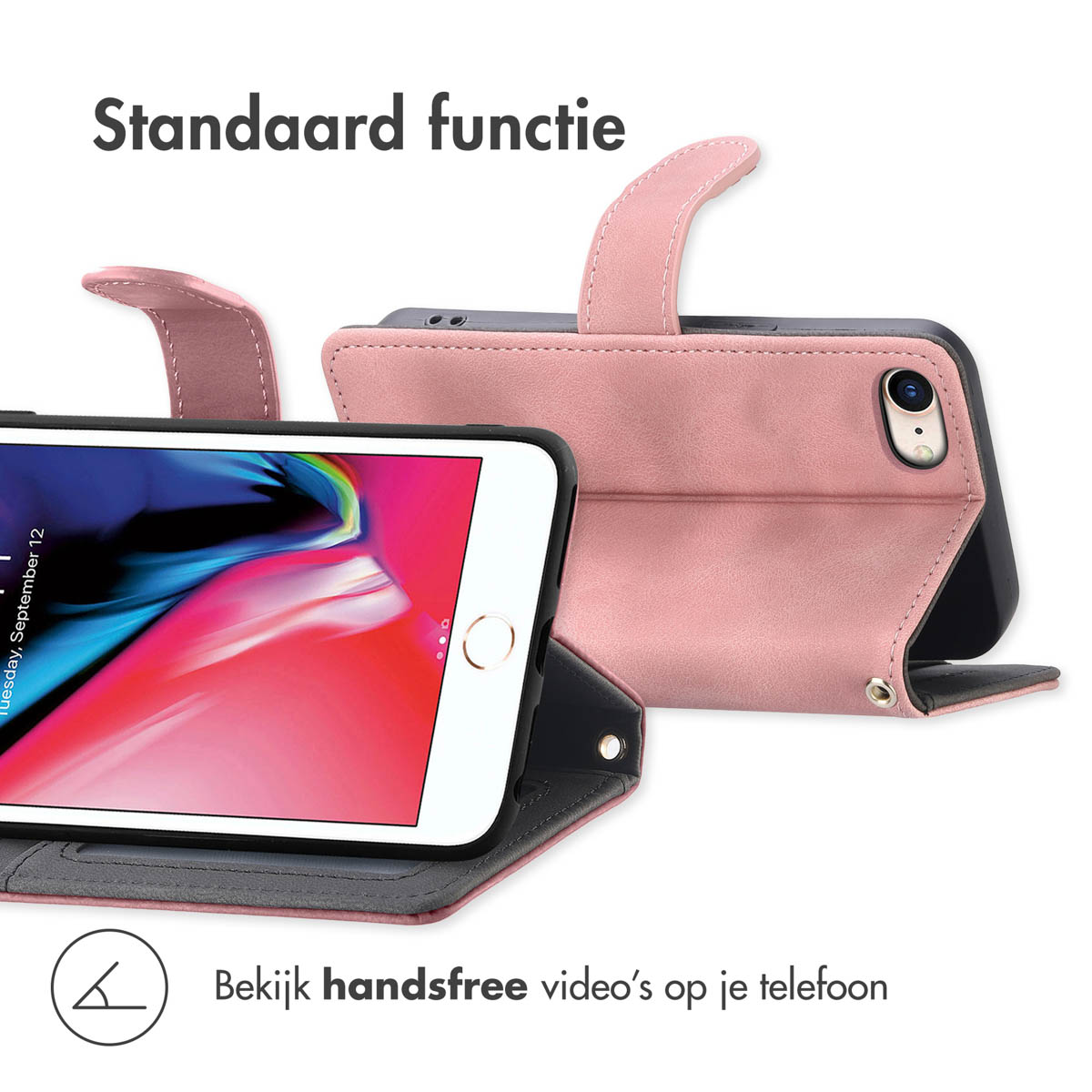 Un étui rose pour téléphone avec un iPhone posé en mode paysage.