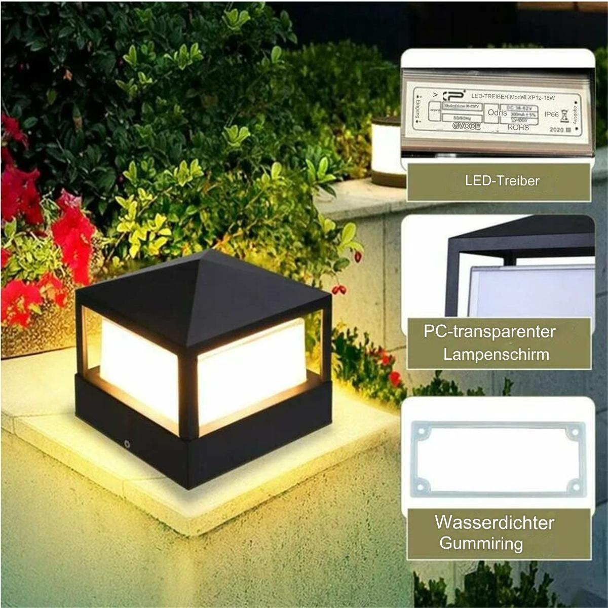 Eine schwarze Außenlampe auf einem Steinsockel, mit Details der Lampe und des LED-Treibers.
