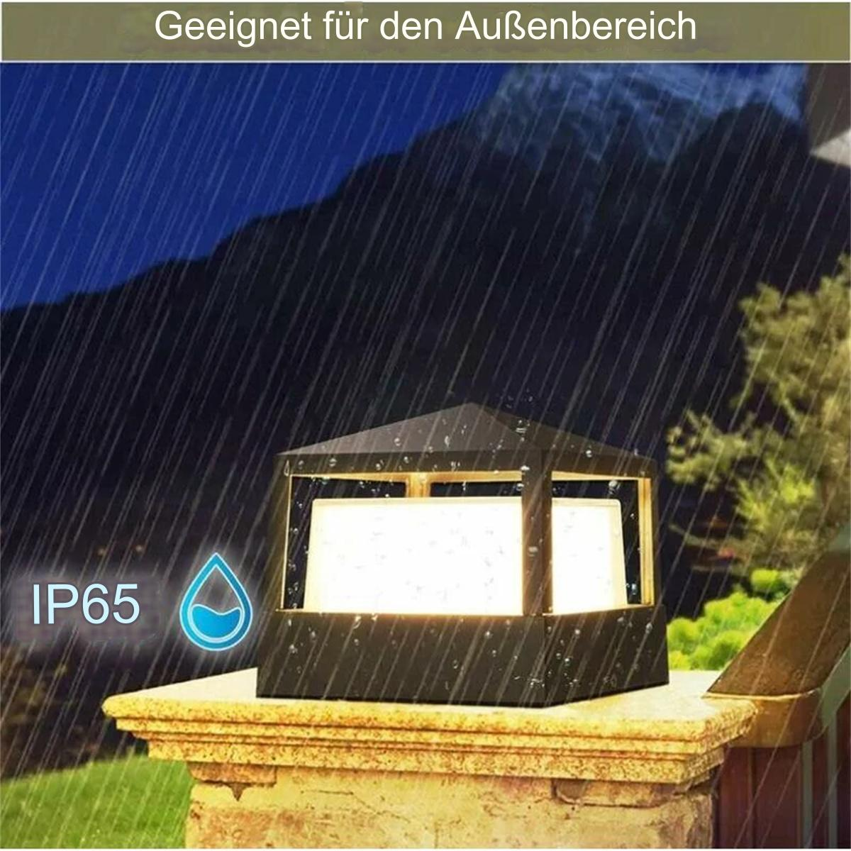 Eine schwarze, sechseckige Außenleuchte auf einem Pfosten montiert. Es regnet, IP65-zertifiziert.