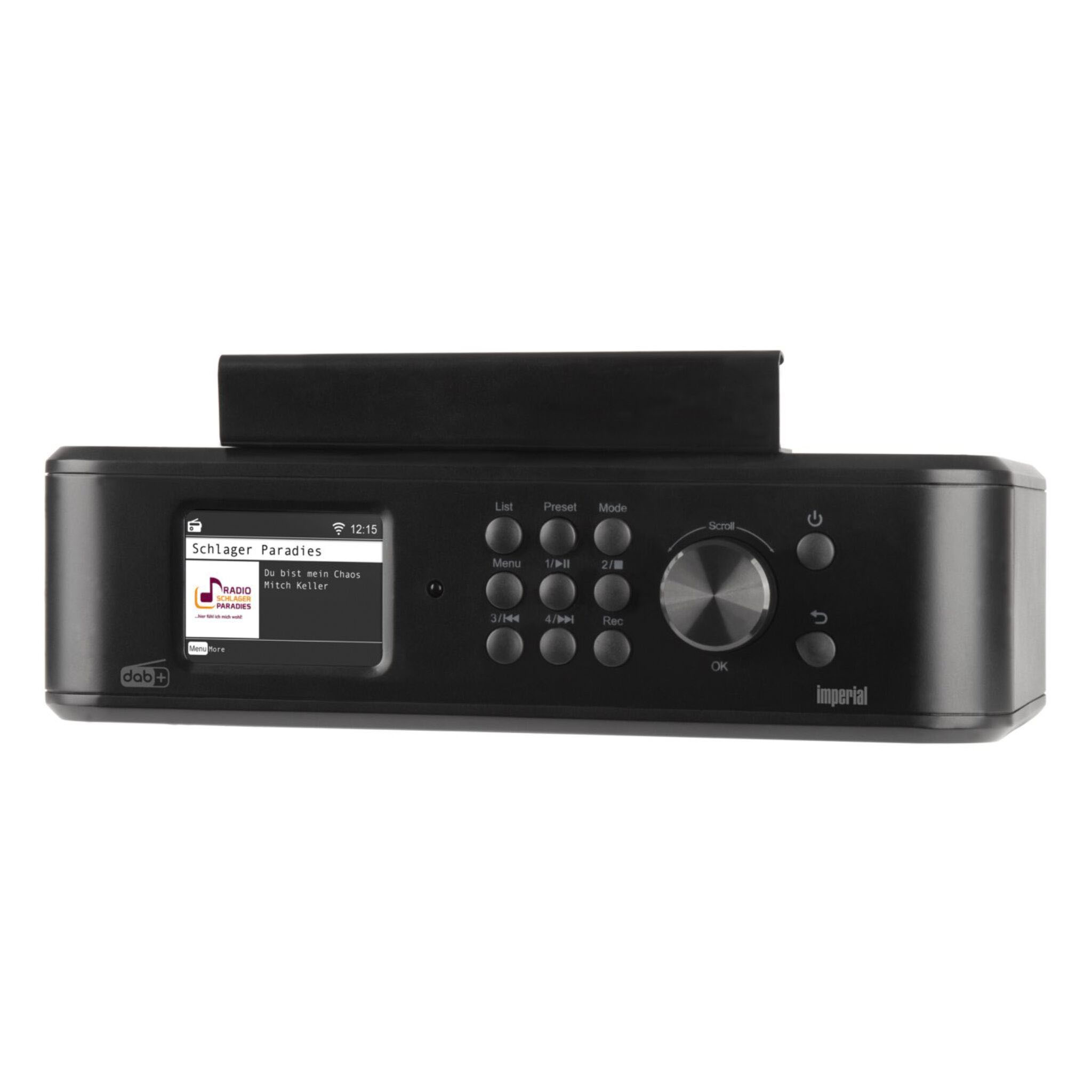 Czarne radio internetowe z wyświetlaczem pokazującym informacje radiowe i przyciski sterowania.