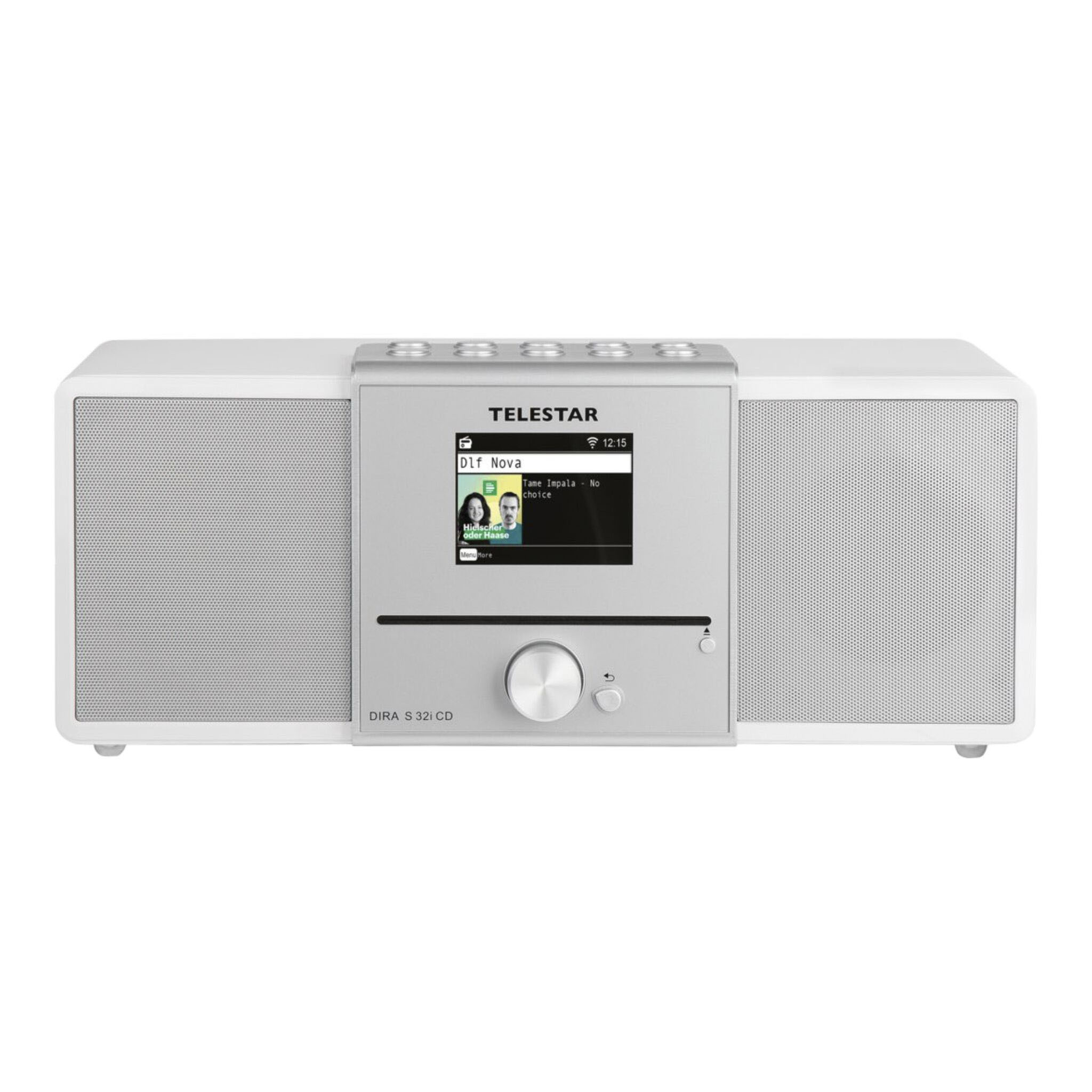 Białe radio z ekranem wyświetlającym informacje i srebrnym pokrętłem sterowania.