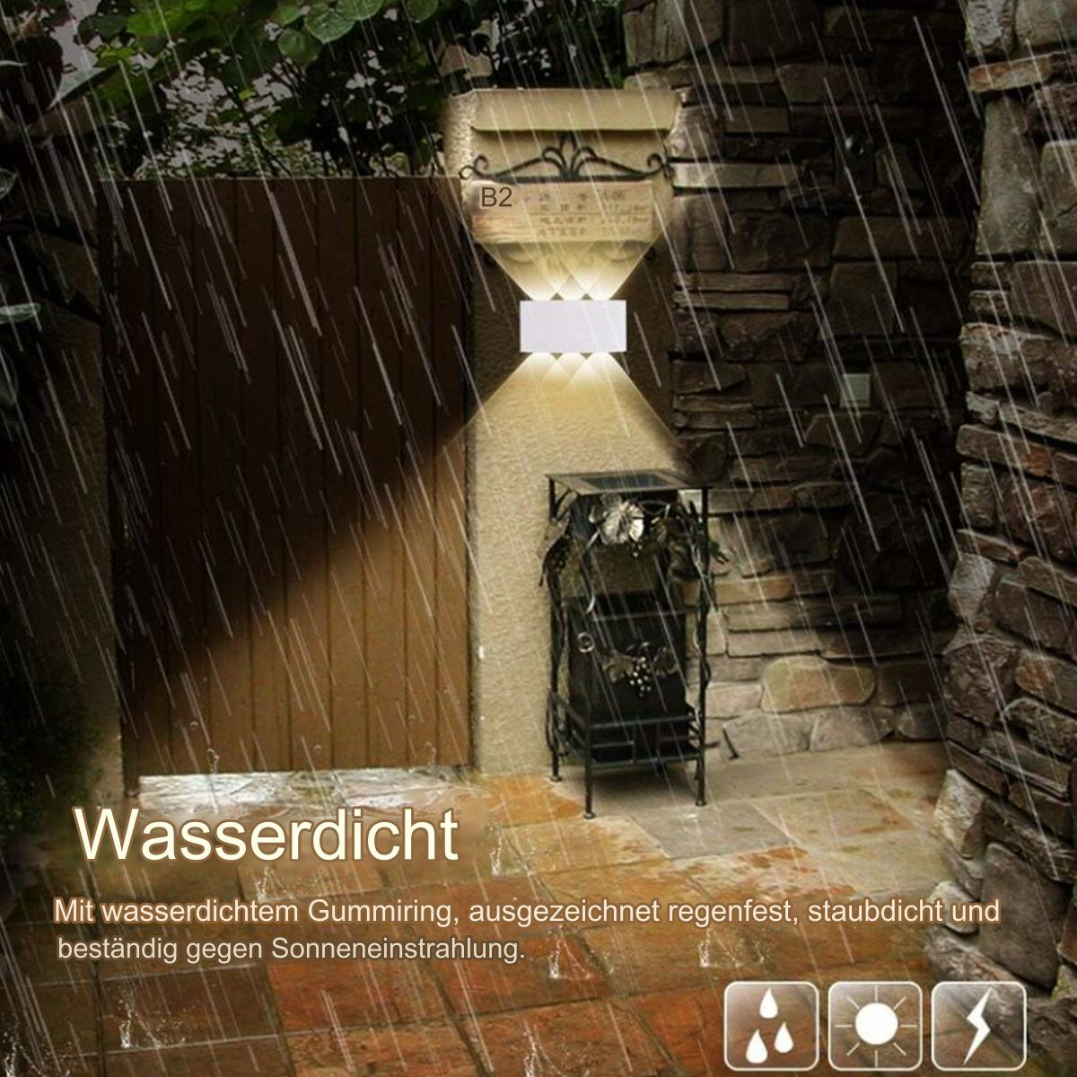 Außenwandleuchte in einer Steinmauer, mit Text über Wasserdichtigkeit.