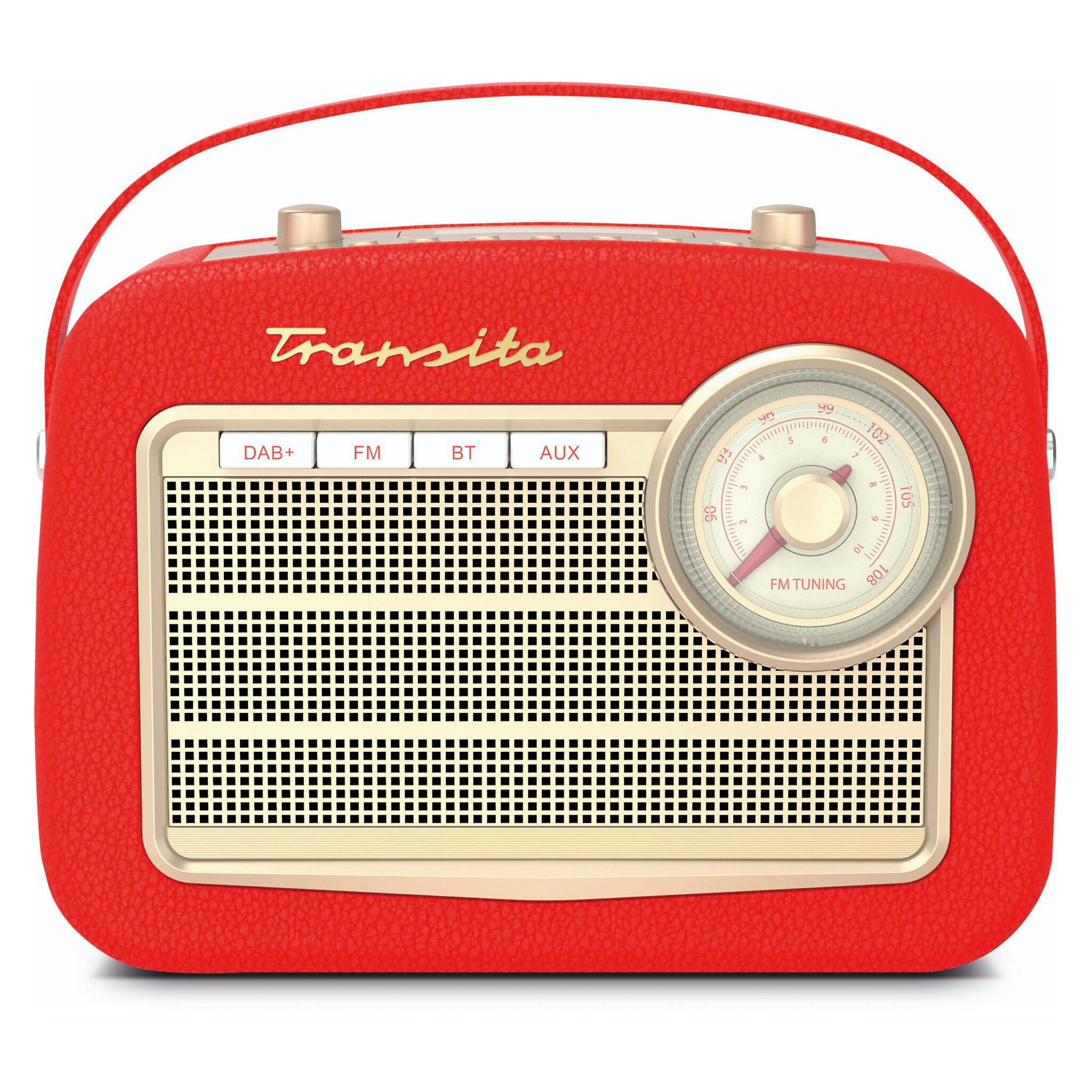 Czerwone radio retro z maskownicą głośnika i pokrętłem strojenia FM. Radio ma uchwyt u góry.