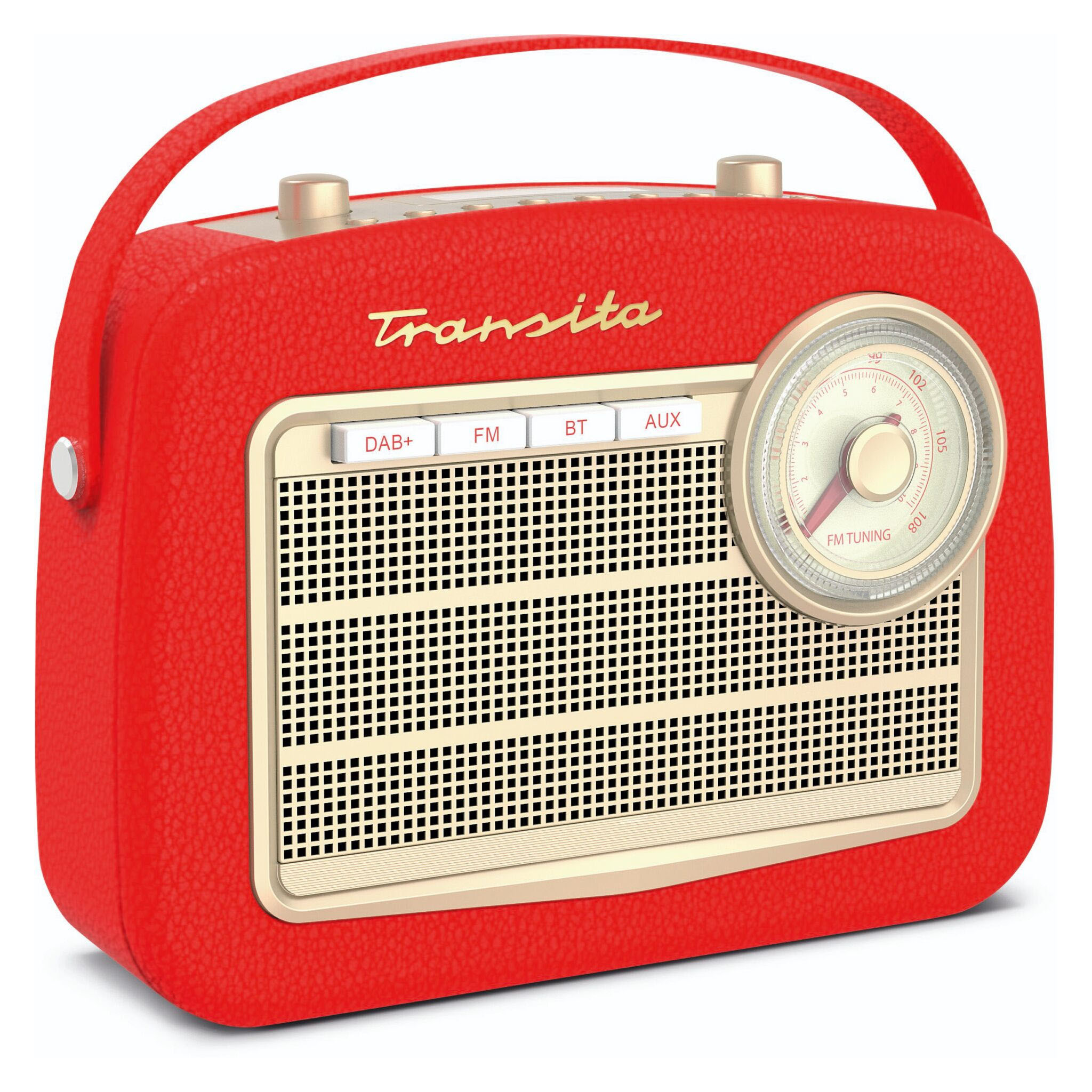 Czerwone radio w stylu vintage ze złotą tarczą, przyciskami i uchwytem, na białym tle.