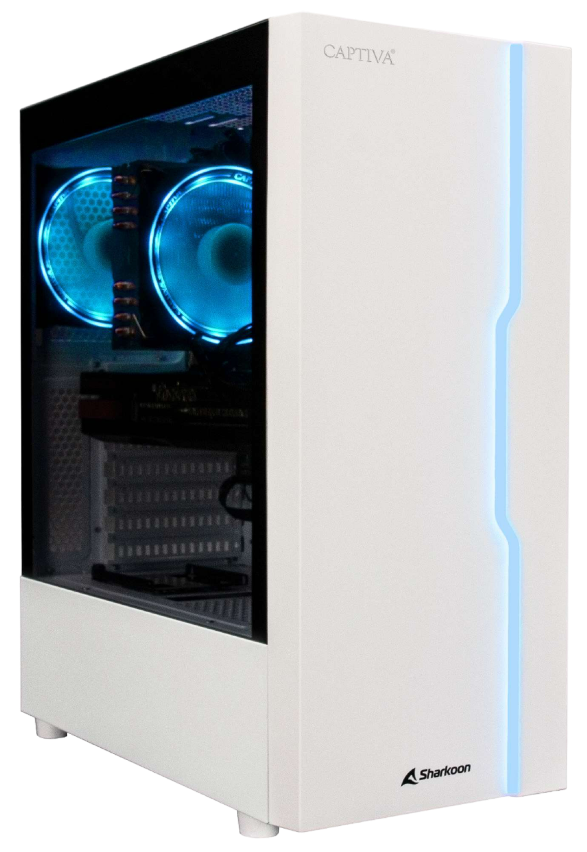Biała obudowa komputera ze szklanym panelem bocznym, niebieskimi światłami LED i marką Captiva.