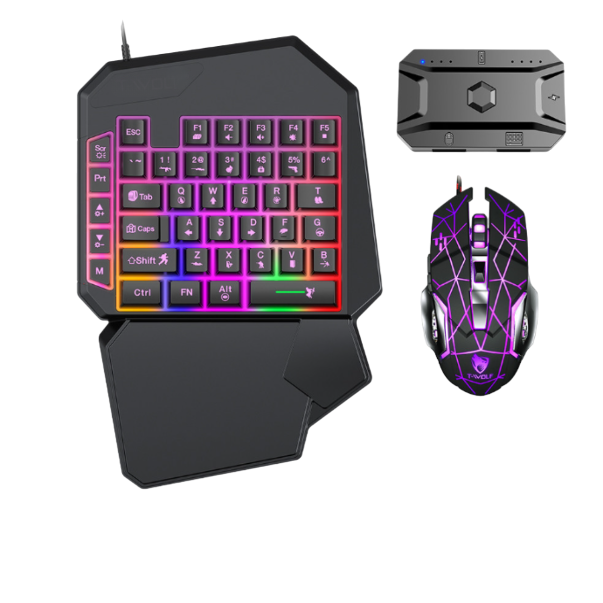 Gaming-Tastatur, Maus und ein Verbindungshub. Tastatur hat mehrfarbige Tasten. Maus hat violette Lichter.