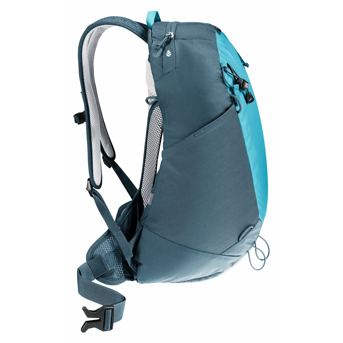 Blau-grauer Wanderrucksack mit mehreren Riemen und Taschen. Seitenansicht.