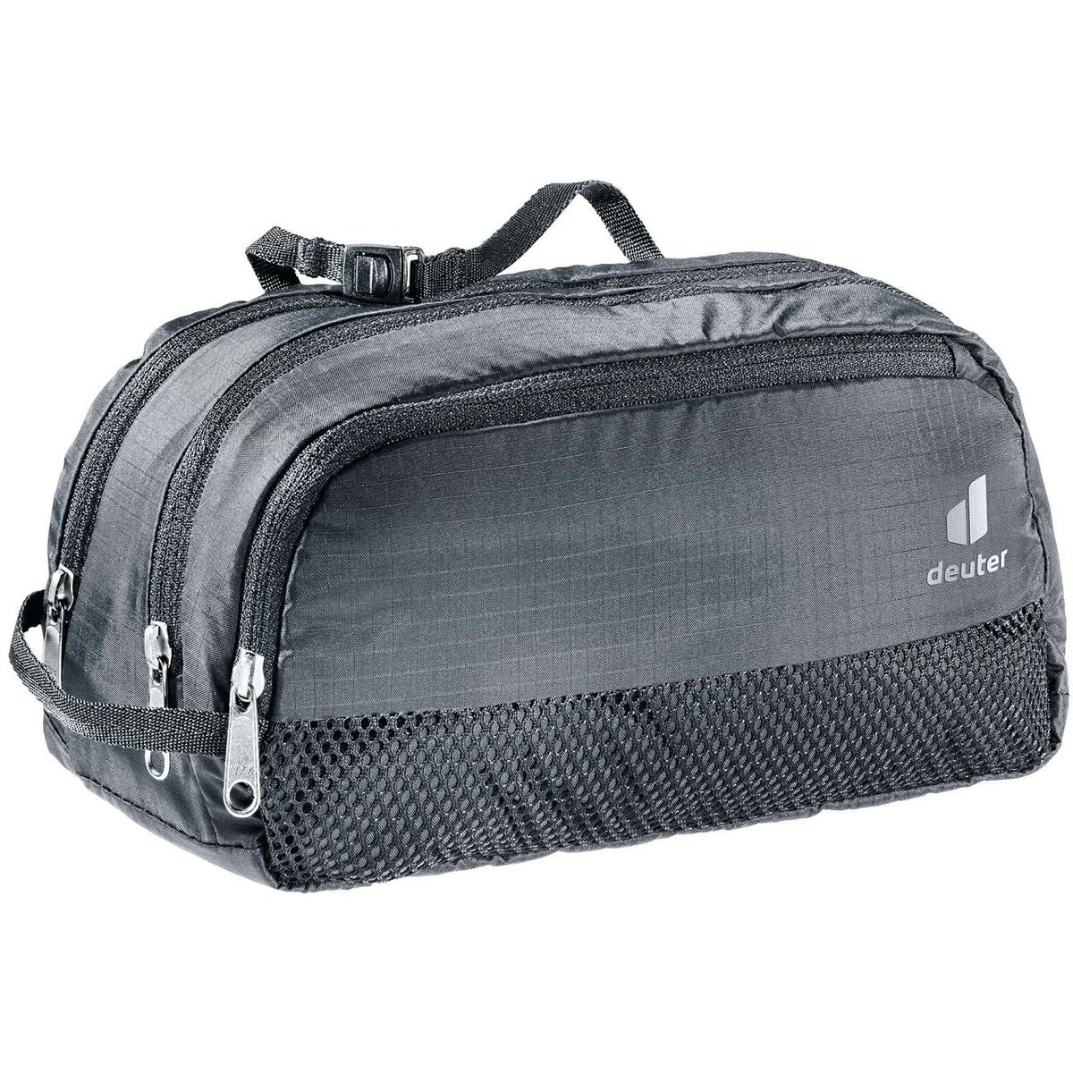 Schwarze Reisetasche mit mehreren Reißverschlüssen und einem Netzbereich.