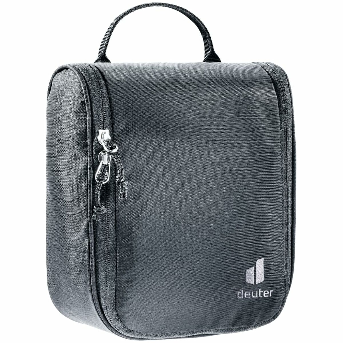 Eine dunkelgraue Kulturtasche mit Griff und Reißverschluss.