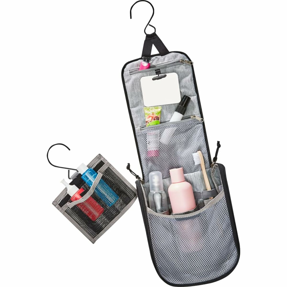 Hängender Reise-Organizer mit verschiedenen Toilettenartikeln und einem kleinen Spiegel.