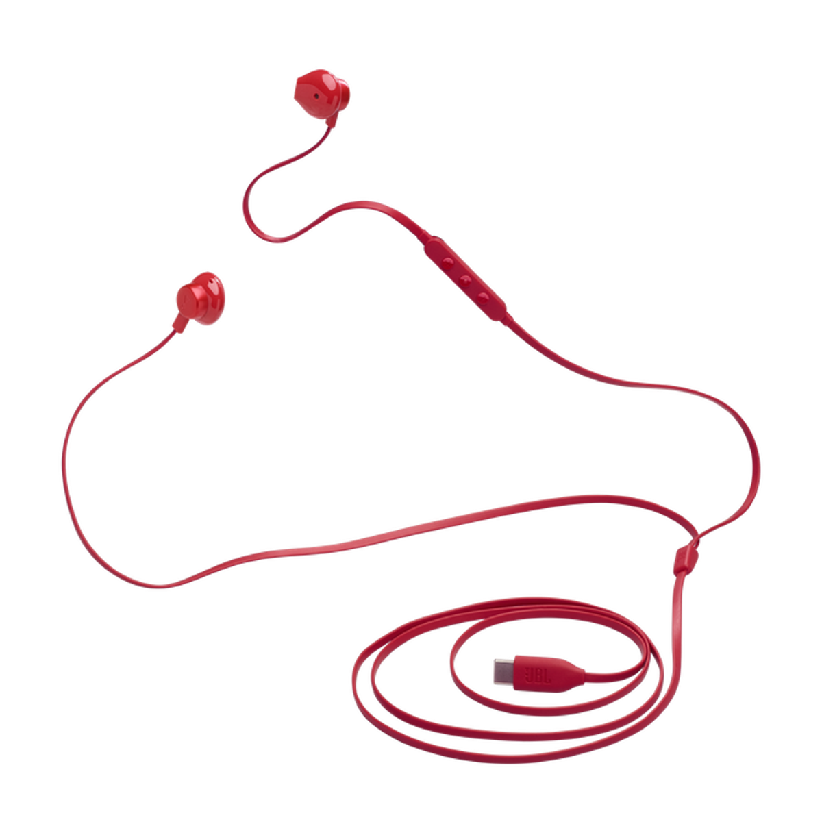 Czerwone słuchawki douszne z kablem i złączem USB-C.