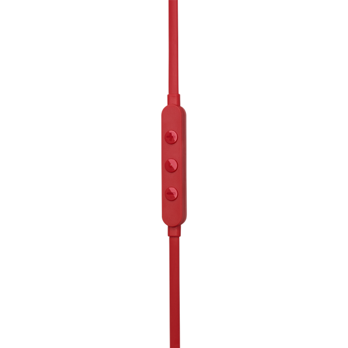 Czerwony moduł sterowania do słuchawek, z trzema czerwonymi przyciskami na czerwonym kablu.