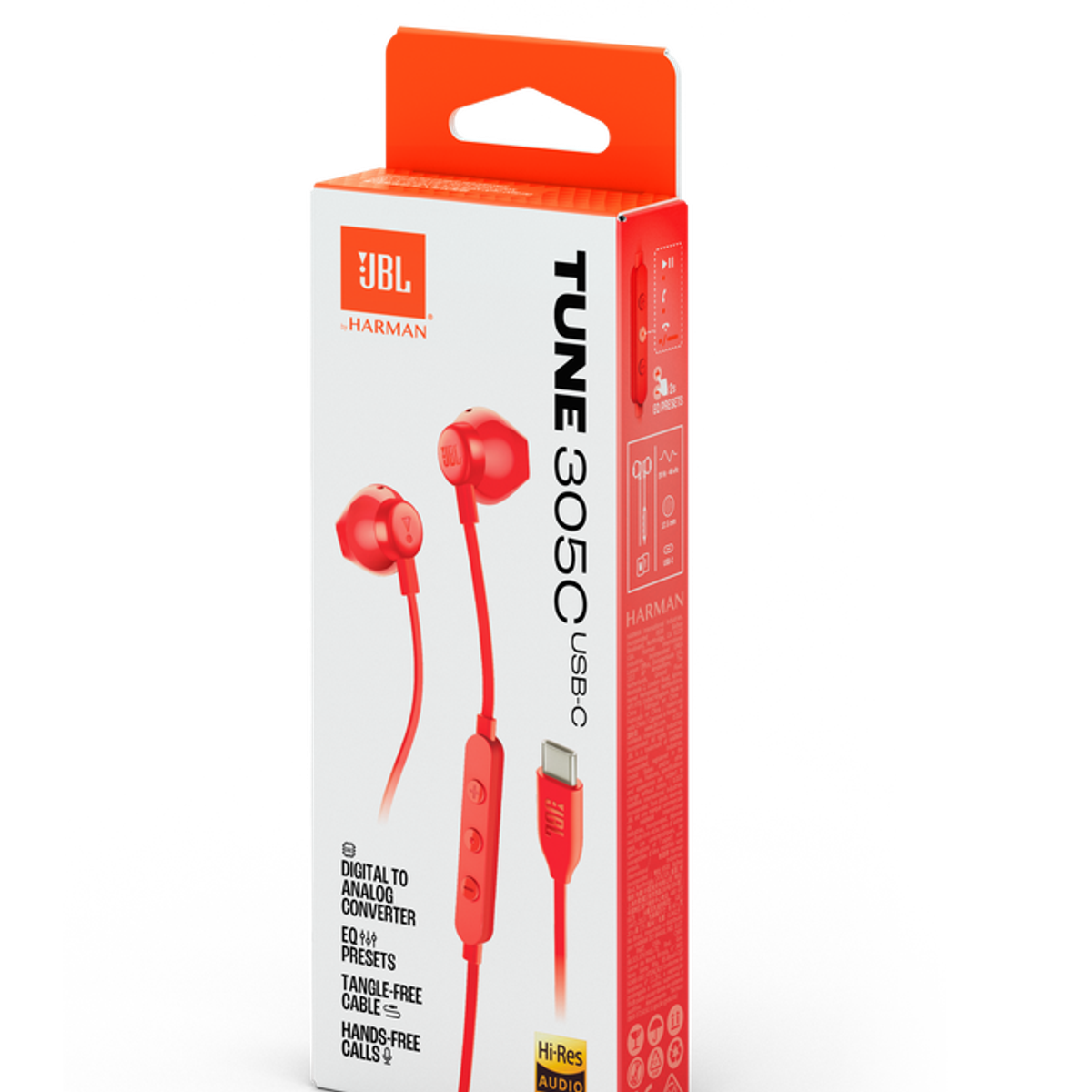 Czerwone słuchawki JBL Tune 305C USB-C w opakowaniu. Pudełko pokazuje słuchawki i funkcje.