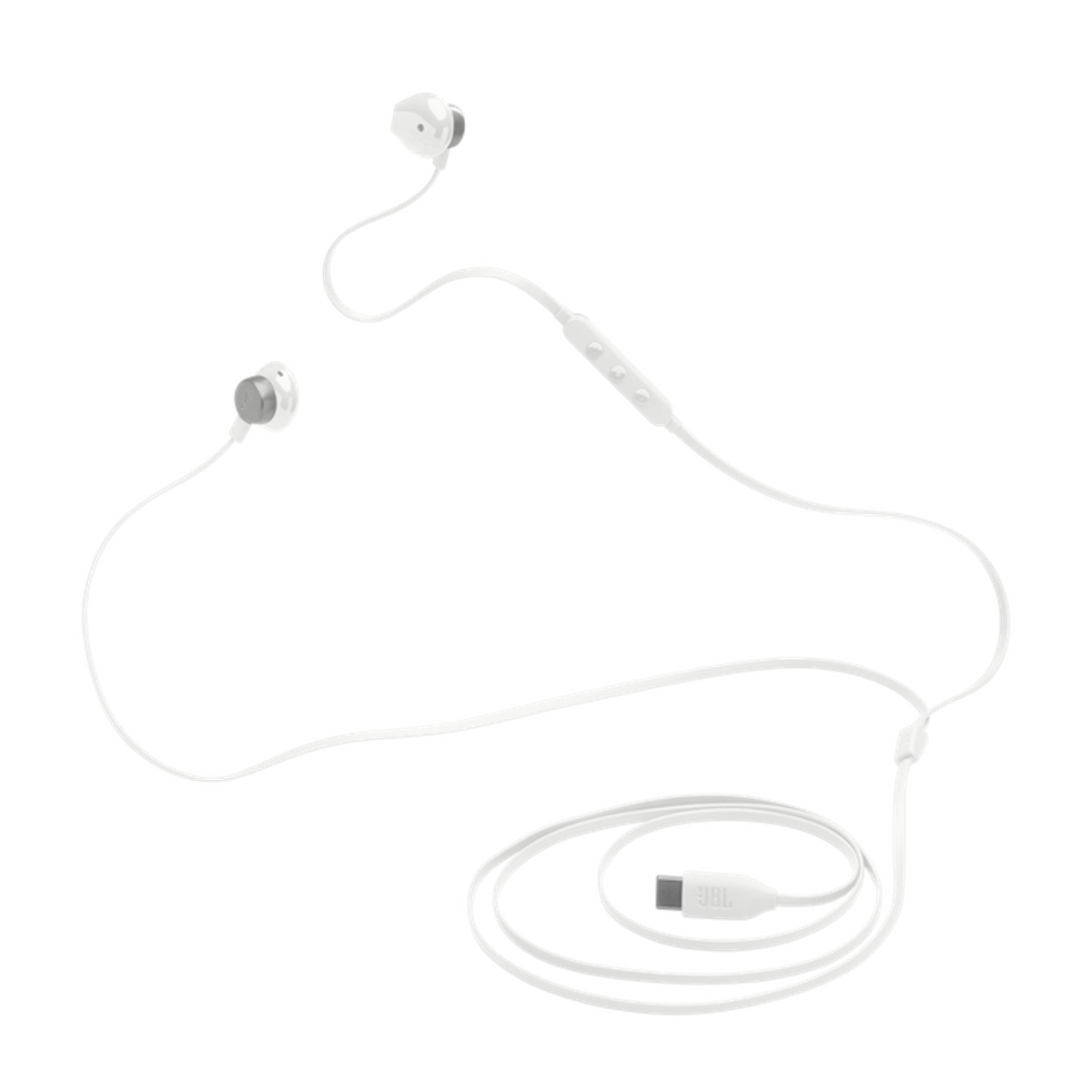 Białe słuchawki JBL ze złączem USB i białym kablem. Czarne tło.