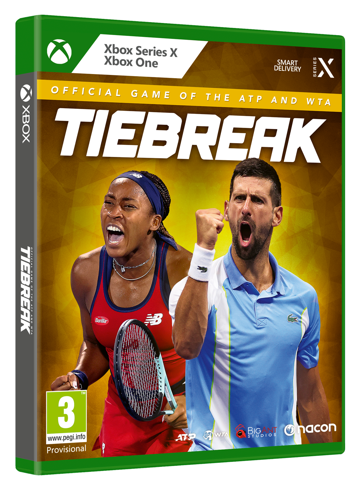 Caja del juego Tiebreak para Xbox Series X y Xbox One. Muestra tenistas y el título del juego.